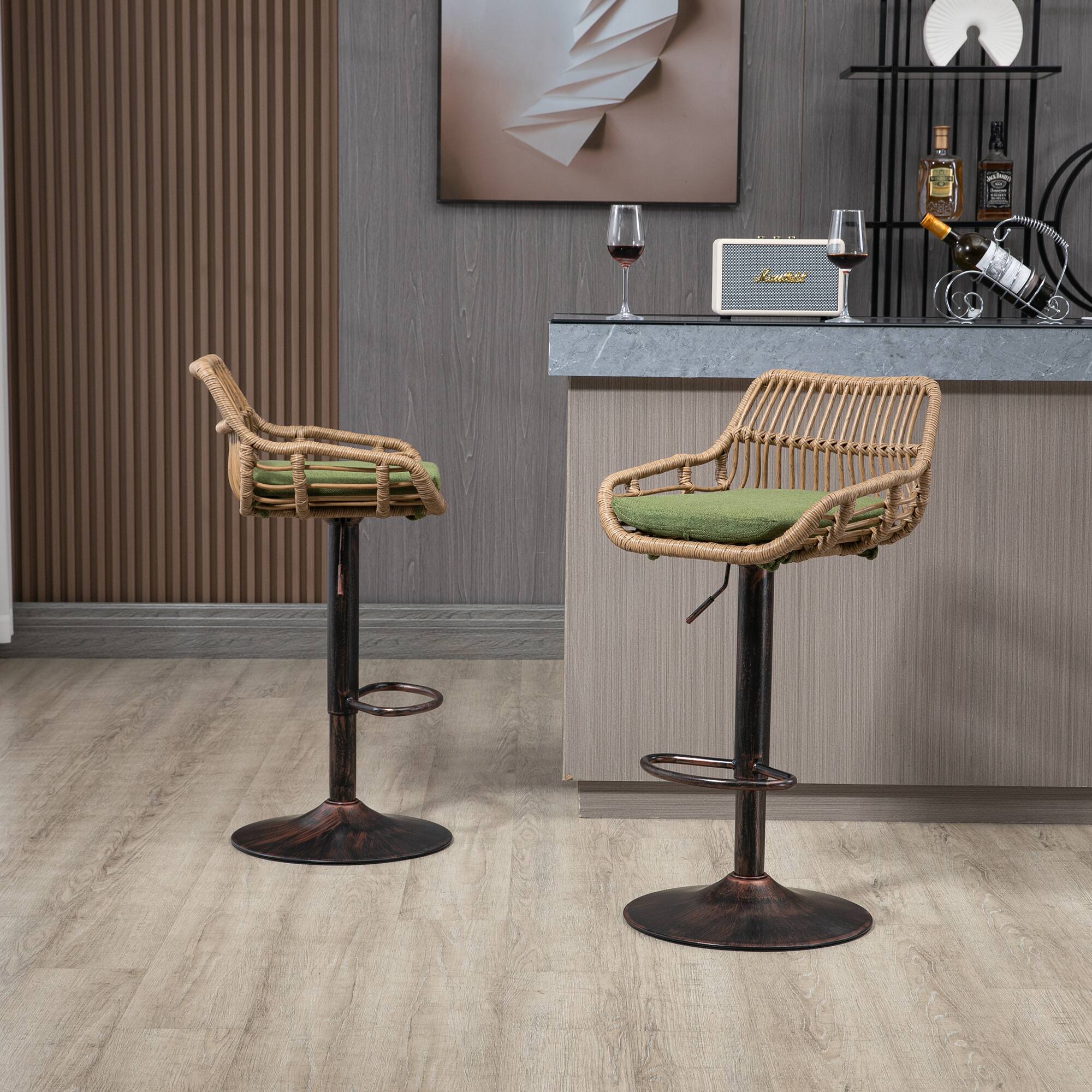 Left. Trinkets Crazed - Rattan Bar Stools Set of 2, Adjustable Barstools with Linen Cushion, 360° Swivel Bar Stool for Kitchen and Bar - Green.