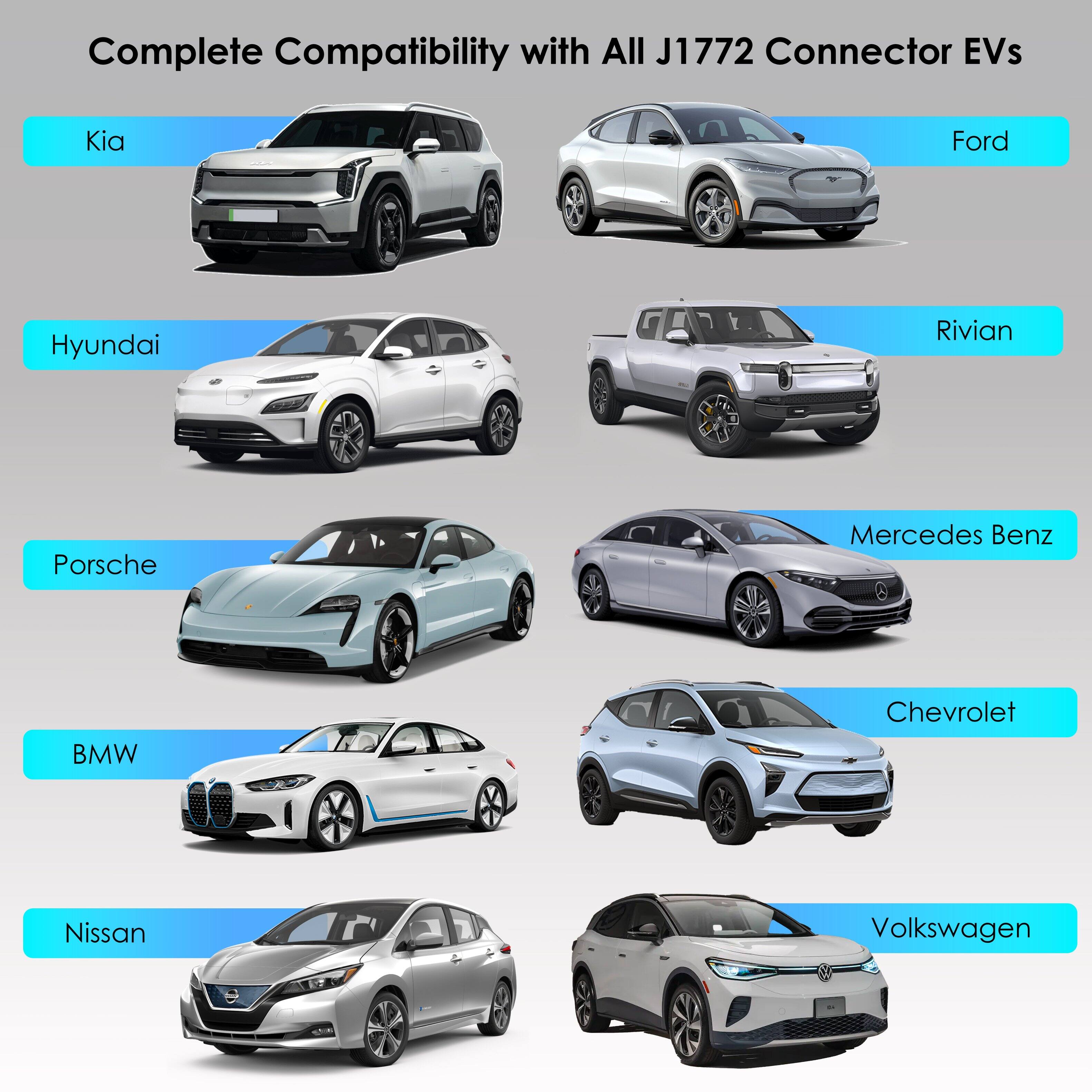 Complete Compatibility with All J1772 Connector EVs

- Kia
- Hyundai
- Ford
- Rivian
- Porsche
- Mercedes Benz
- BMW
- Chevrolet
- Nissan
- Volkswagen