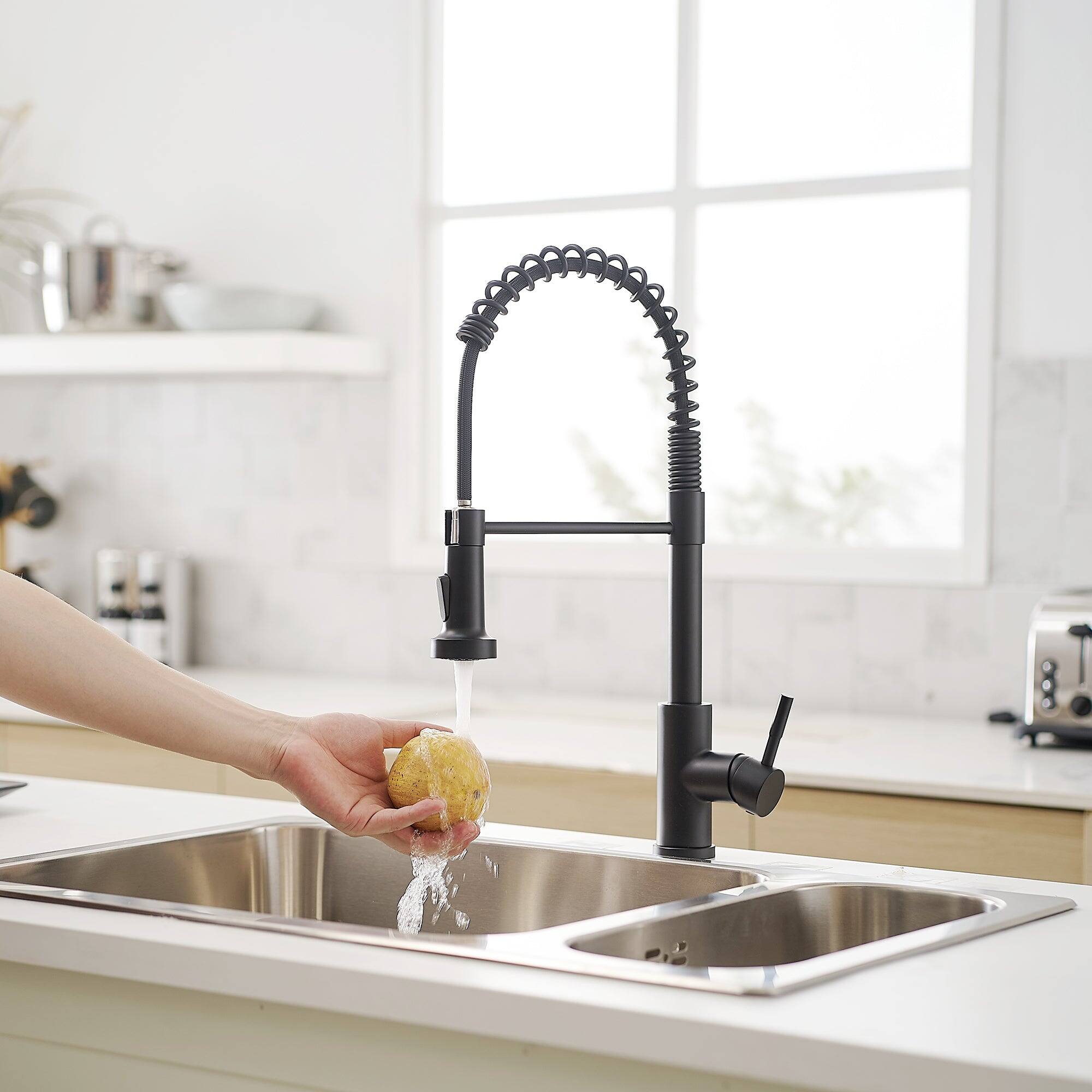 Alt View 4. Boyel Living - Matte Black Single Handle Pull Down Sprayer Kitchen Faucet Stainless Steel with Water Supply Hoses - Matte Black.