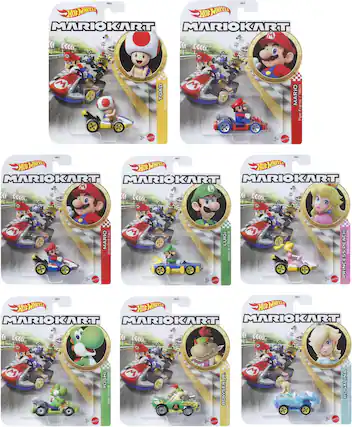 - HOT WHEELS MARIOKART
- TOAD Standard
- MARIO Frame / Retro
- LUIGI Mach Kart
- PEACH Princess
- YOSHI Frame / Pipe
- BOWSER JR. Flame
- ROSALINA Birthday Car