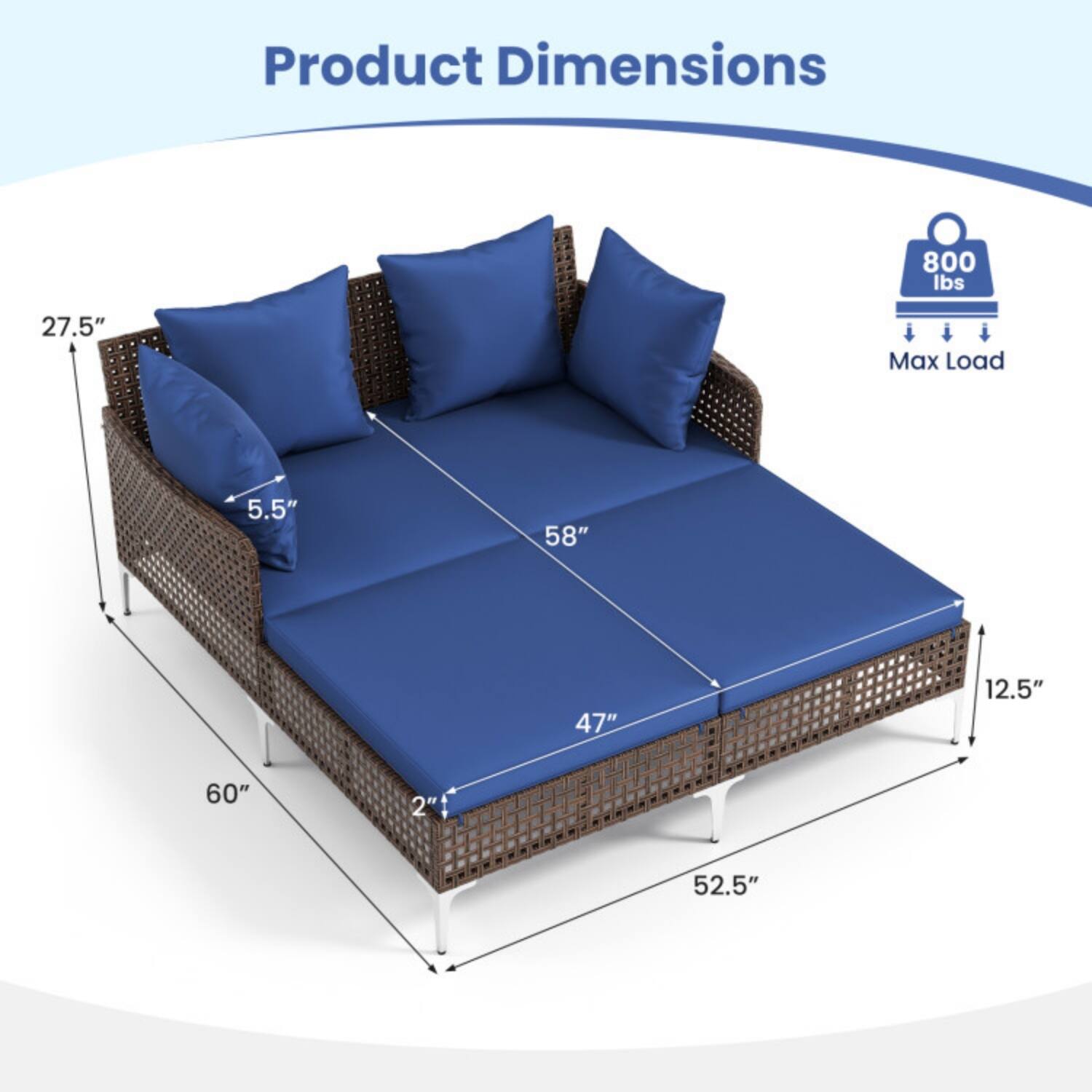 Product Dimensions:  
- 800 lbs Max Load  
- 58"  
- 47"  
- 27.5"  
- 12.5"  
- 60"  
- 52.5"  
- 5.5"  
- 2"