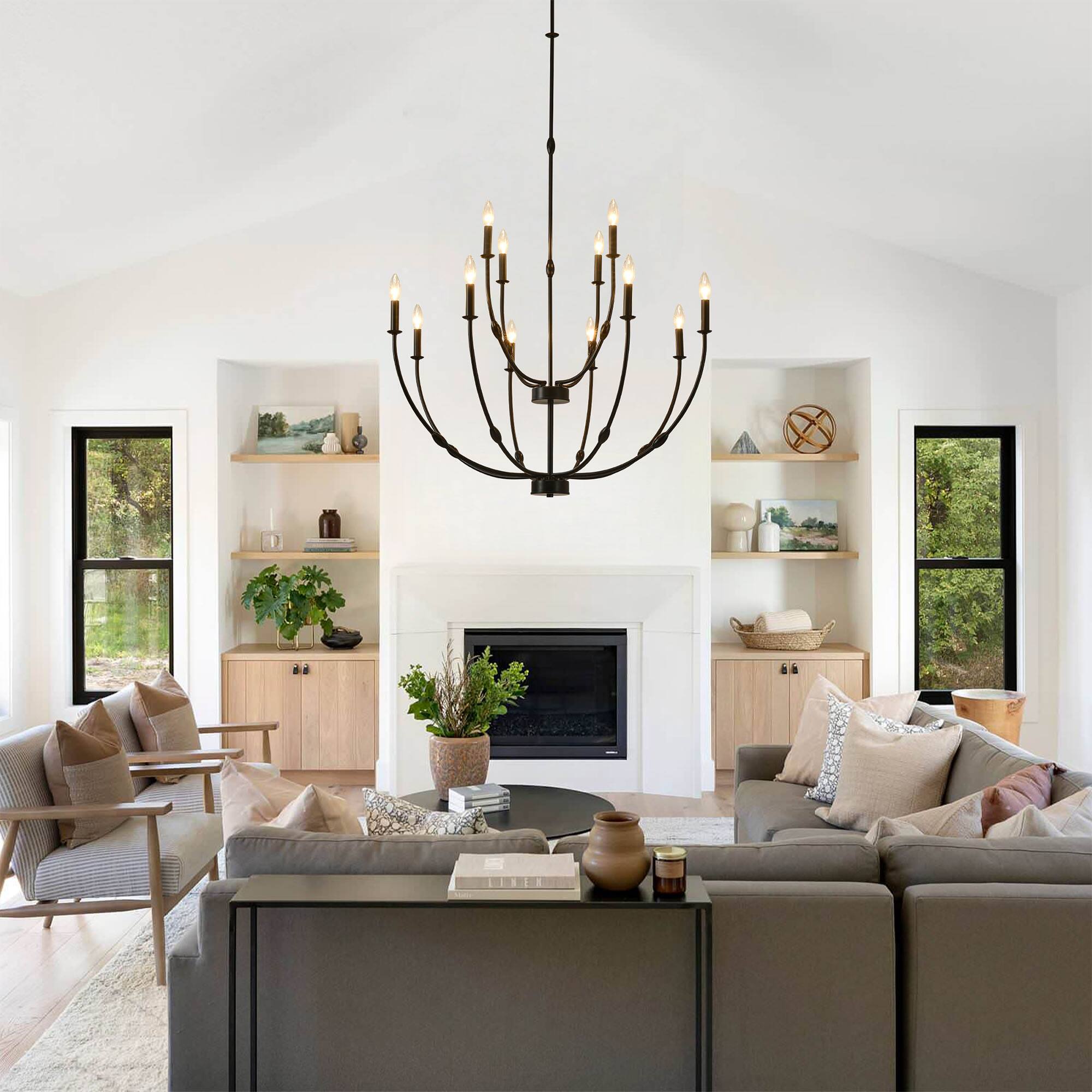 Angle. RYHNUYNE - 12-Light Black Chandelier,2-Tier Rustic Candle Chandelier Light Fixture,High Ceiling Chandelier for Entryway Living Room - Black.