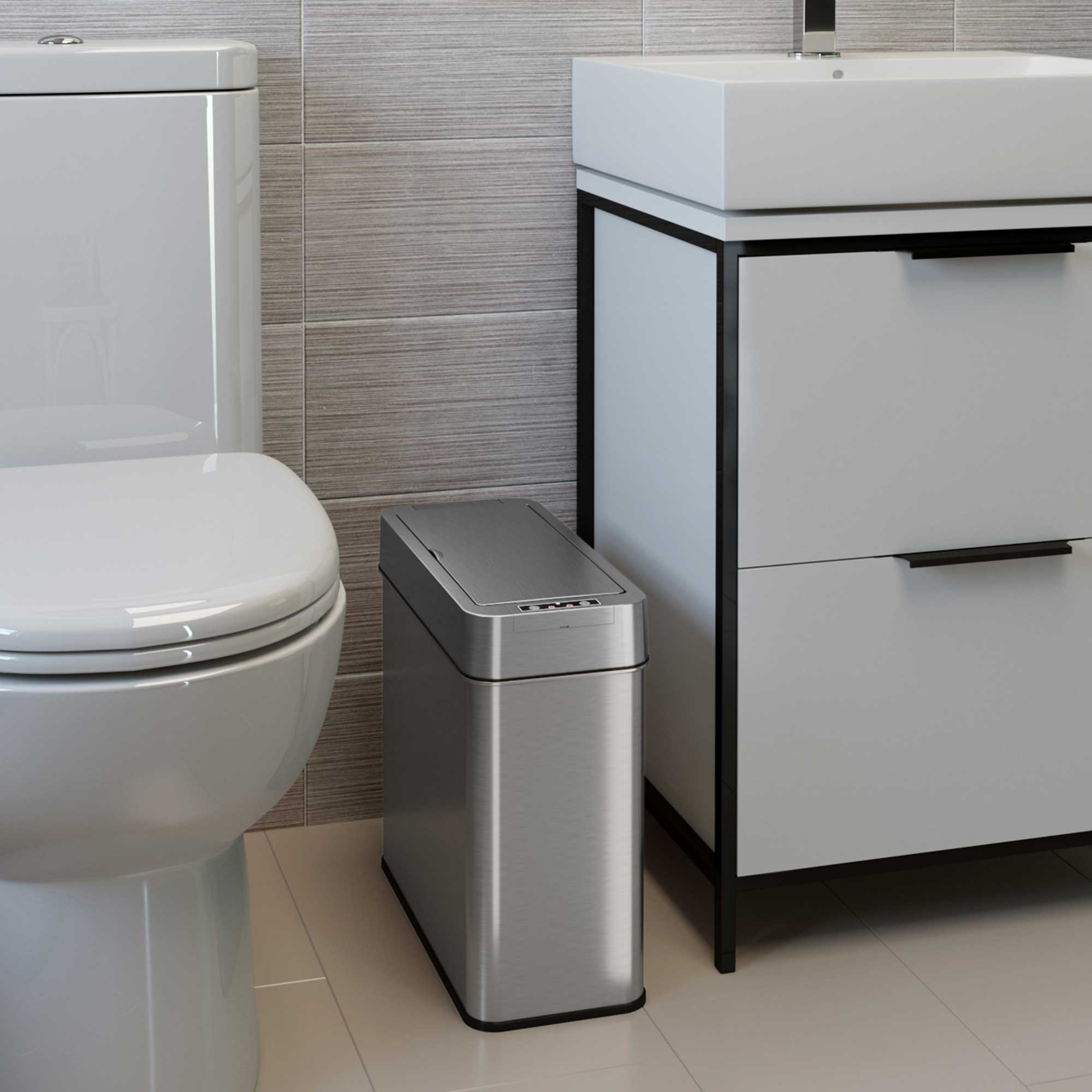 Left. iTouchless - 4 Gallon Slim Stainless Steel Sensor Bathroom Trash Can with AbsorbX Odor Filter - Silver.
