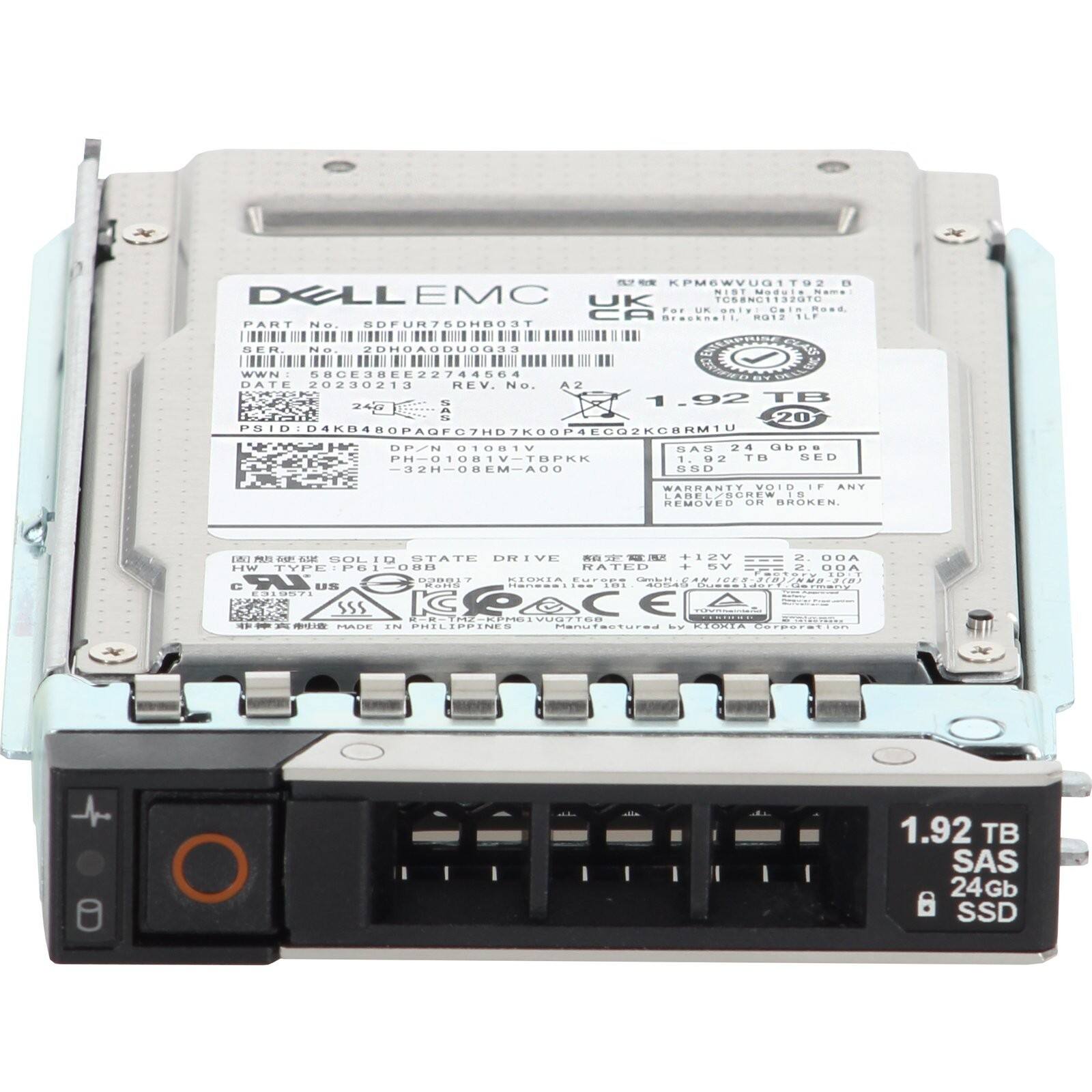 DELL EMC  
PART No. SDFUR76DB03T  
SER. No. 2DHOAO0DU0G33  
DATE 20230213  
REV. No. A2  
PSID: D4KB480PAQFC7HD7K00P40002KGBRM1U  
DP/N 01081V-32H-08EM-A0D  
TBPKK  
1.92 TB  
SAS 24 Gb/s  
SSD  
WARRANTY VOID IF ANY PARTS REMOVED OR BROKEN  
HW TYPE P61-088  
RATED +12V 2.00A +5V 2.00A  
MADE IN PHILIPPINES  
1.92 TB SAS 24Gb SSD