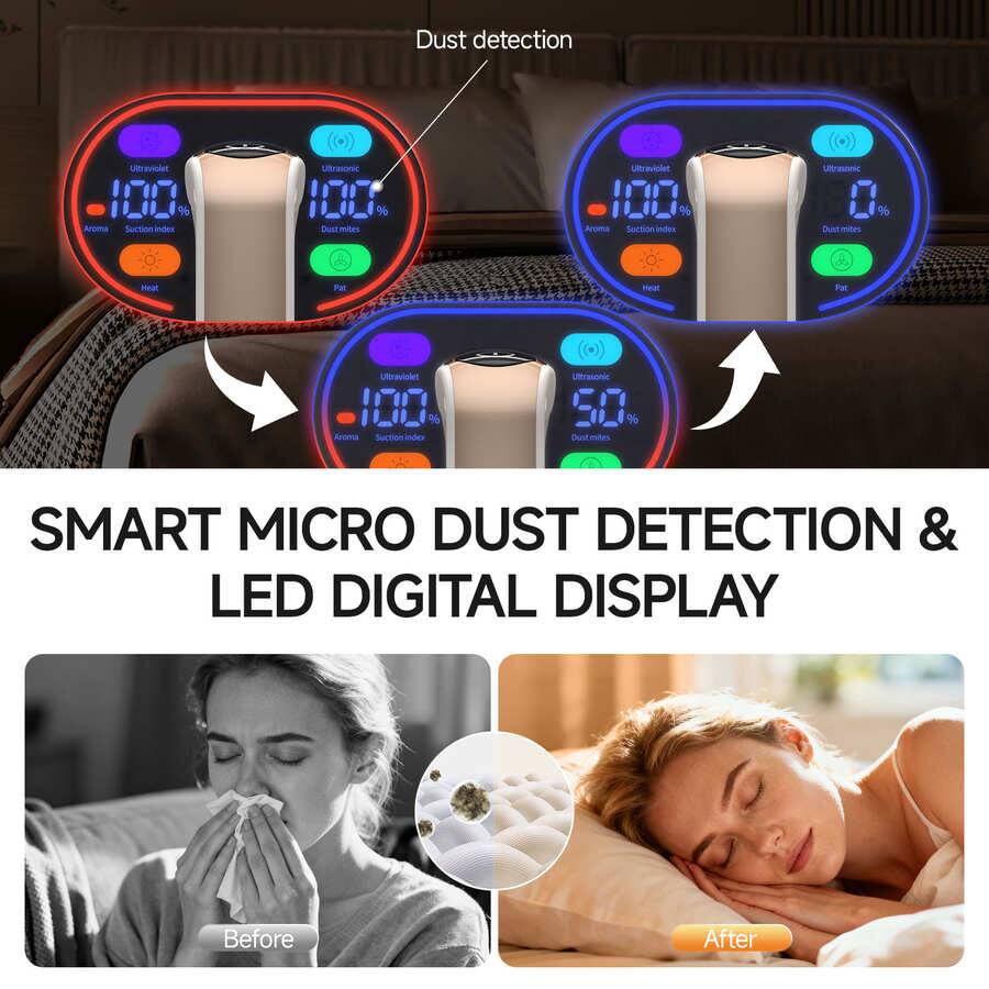 Dust detection  
Ultraviolet 100 Aroma Suction index  
Ultrasonic 100 Dustmites  
100  
Heat  
Fat  
Ultraviolet 100 Aroma  
Ultrasonic 50 % Dust mites  
SMART MICRO DUST DETECTION & LED DIGITAL DISPLAY  
Before  
After