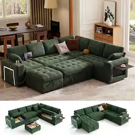 Dyonery - 111" U Shaped Modular Sectional Sleeper Sofa with Pull Out Bed,7 Seat Green Chenille Couch with 2 Pull-Out Beds - Green