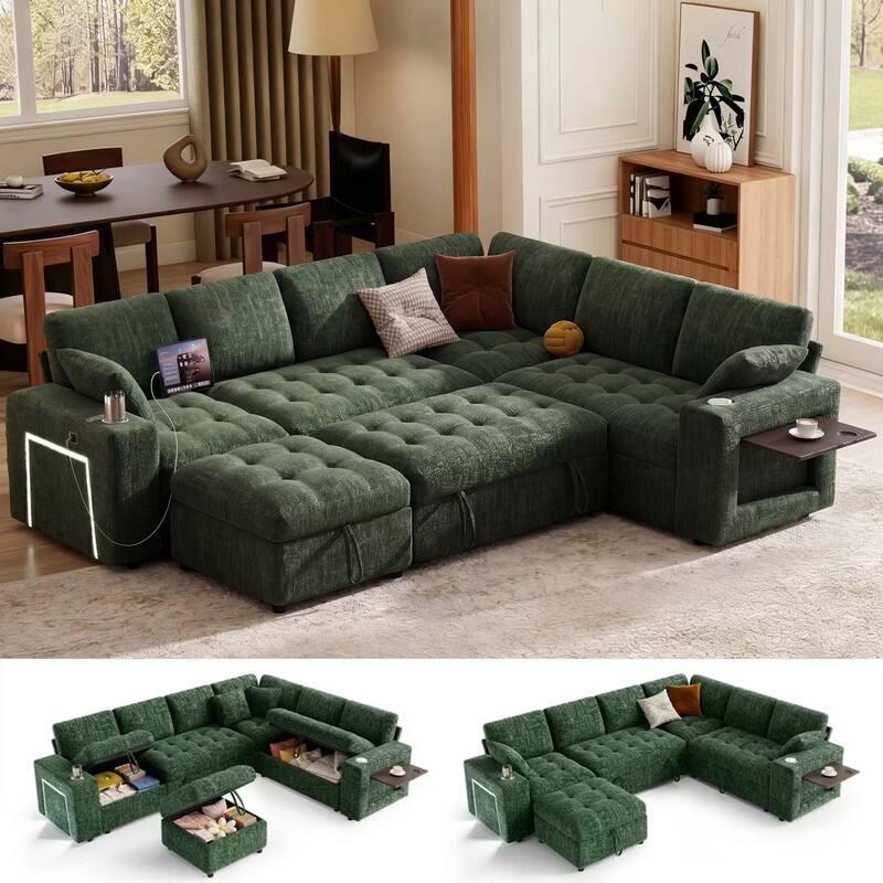Front. Dyonery - 111" U Shaped Modular Sectional Sleeper Sofa with Pull Out Bed,7 Seat Green Chenille Couch with 2 Pull-Out Beds - Green.