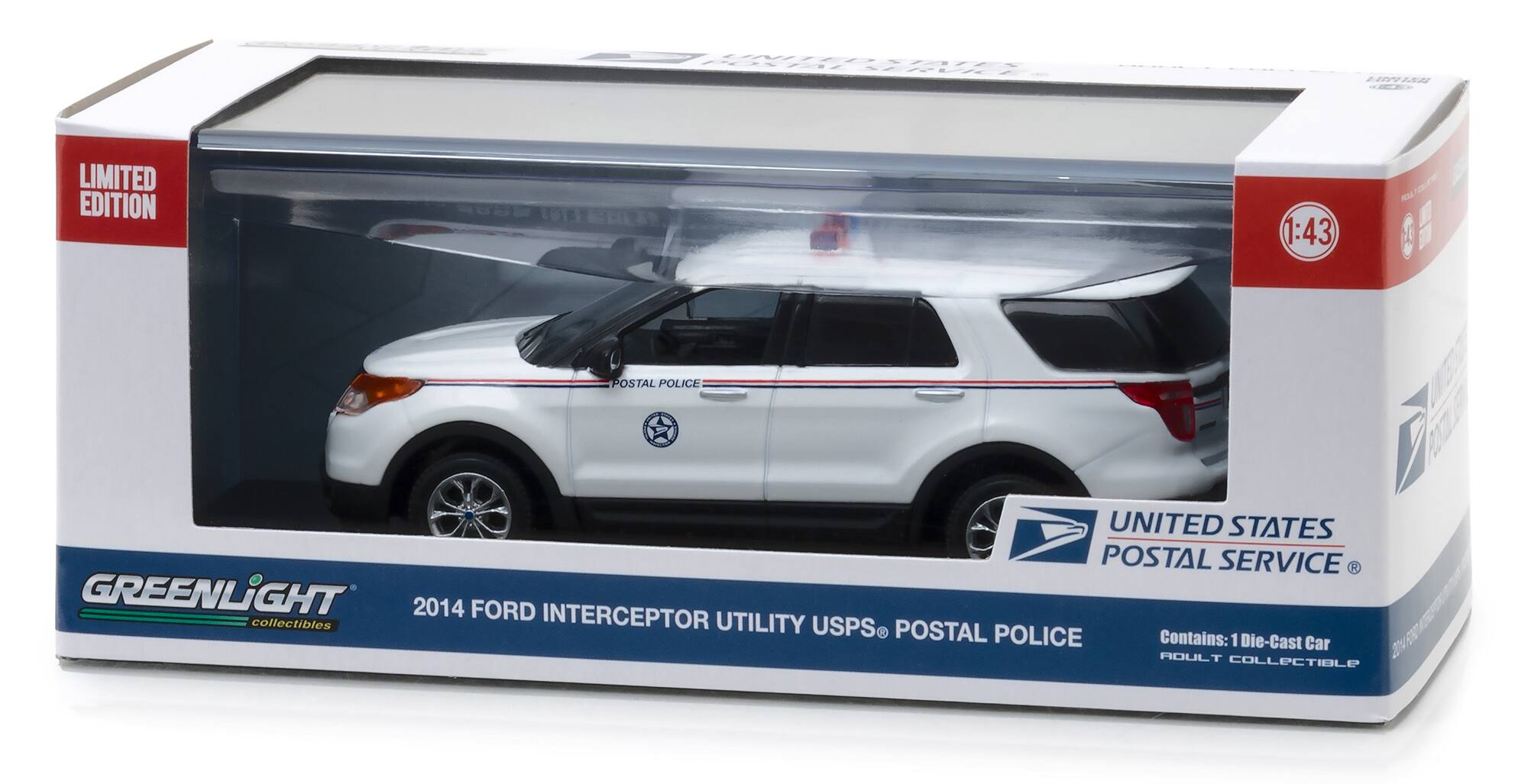 LIMITED EDITION  
1:43  
UNITED STATES POSTAL SERVICE  
2014 FORD INTERCEPTOR UTILITY USPS POSTAL POLICE  
Contains: 1 Die-Cast Car  
ADULT COLLECTIBLE  
GREENLIGHT collectibles