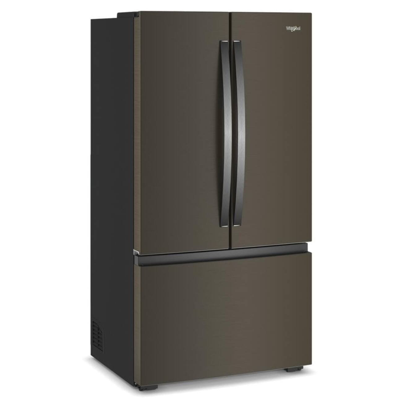 Angle. Whirlpool - 36 in. Wide 24 cu. ft. 3-Door French Door Counter Depth Refrigerator - Black Stainless Finish.