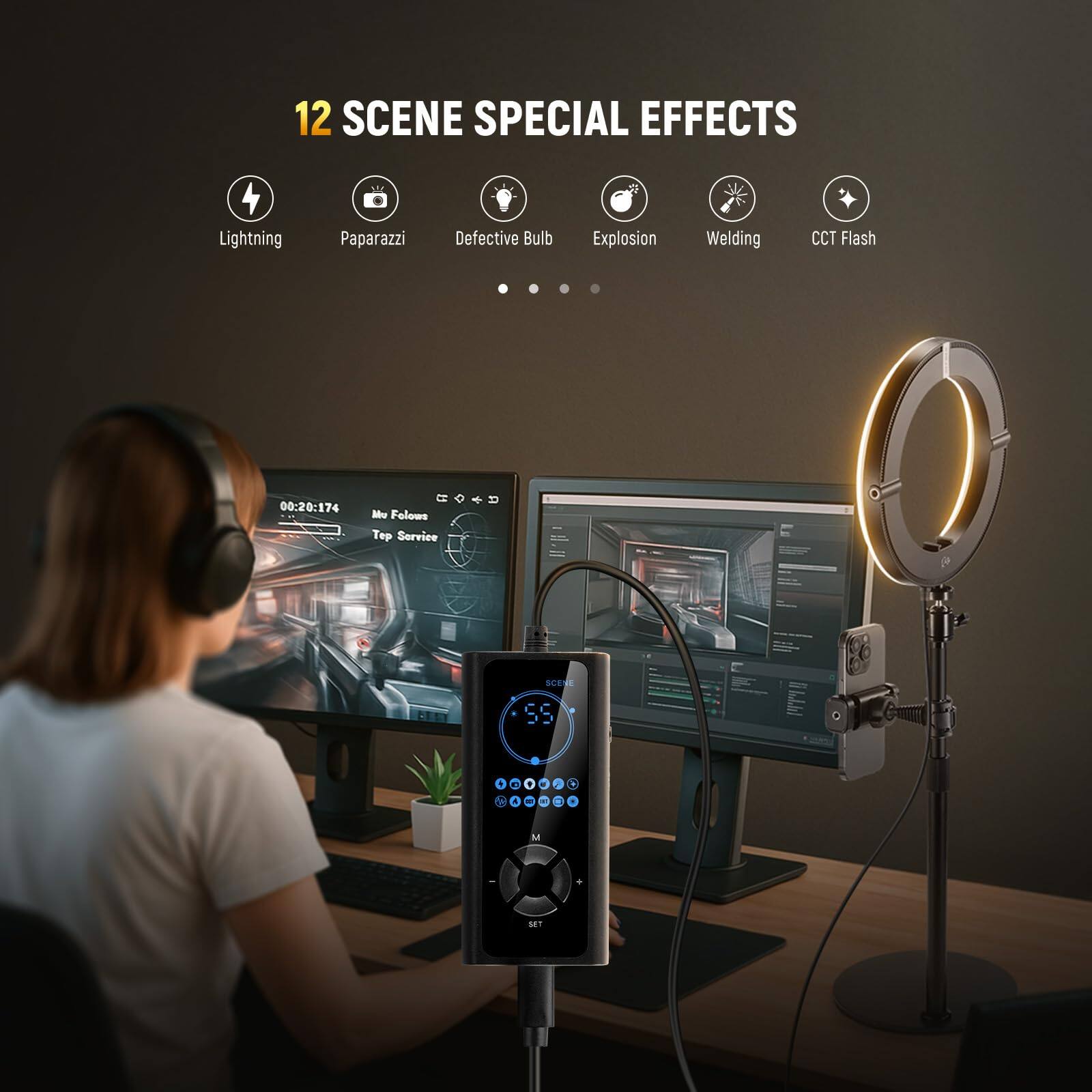 12 SCENE SPECIAL EFFECTS  
Lightning  
Paparazzi  
Defective Bulb  
Explosion  
Welding  
CCT Flash  

00:20:174  
Me Follows  
Top Service  

SCENE + c  
- A A i - - - - .  
IT