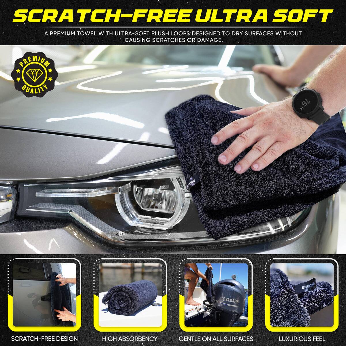 SCRATCH-FREE ULTRA SOFT  
A PREMIUM TOWEL WITH ULTRA-SOFT PLUSH LOOPS DESIGNED TO DRY SURFACES WITHOUT CAUSING SCRATCHES OR DAMAGE.  

PREMIUM QUALITY  
16" TUND  
YAMAHA BEYOND BY DN  

SCRATCH-FREE DESIGN  
HIGH ABSORBENCY  
GENTLE ON ALL SURFACES  
LUXURIOUS FEEL