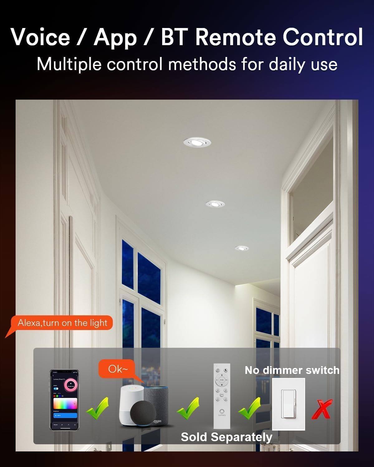 Voice / App / BT Remote Control  
Multiple control methods for daily use  

Alexa, turn on the light  
Ok~  

No dimmer switch  
Sold Separately