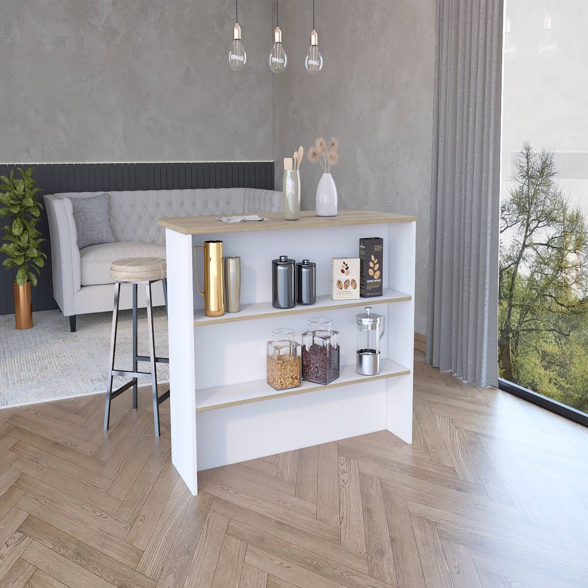 Angle. Loheer - Loheer White Kitchen Island with Light Pine Finish and Storage - White.