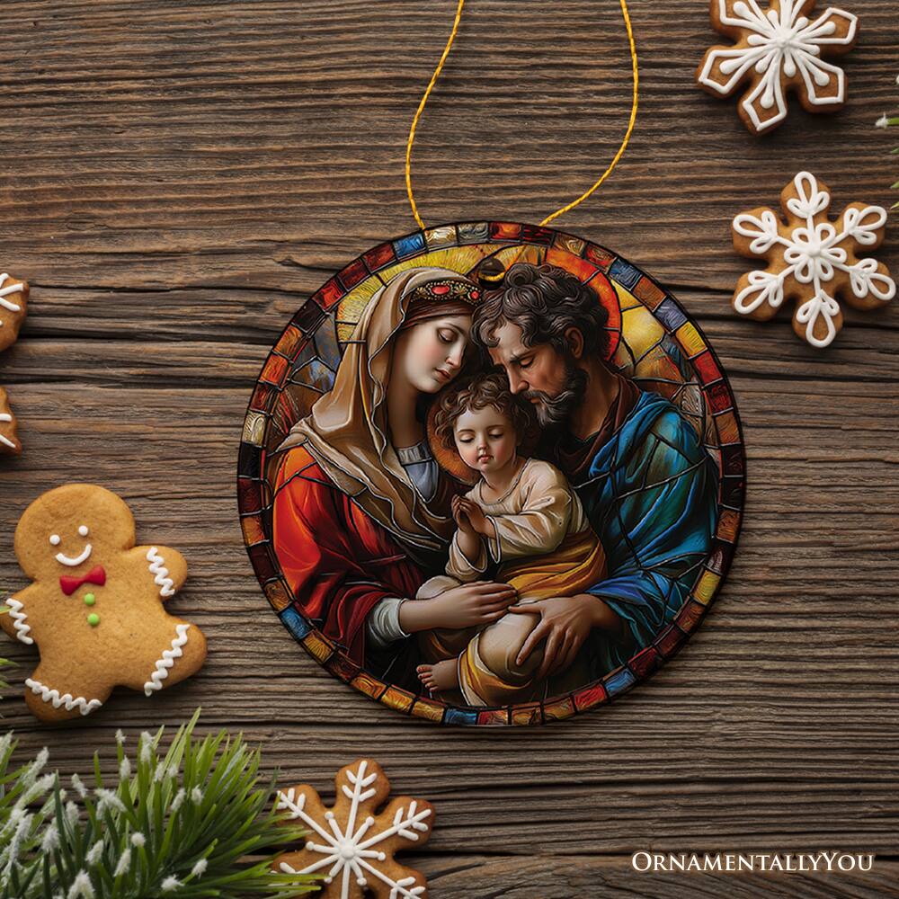 Back. OrnamentallyYou - The Holy Embrace Stained Glass Themed Ceramic Ornament - Multi-colored.