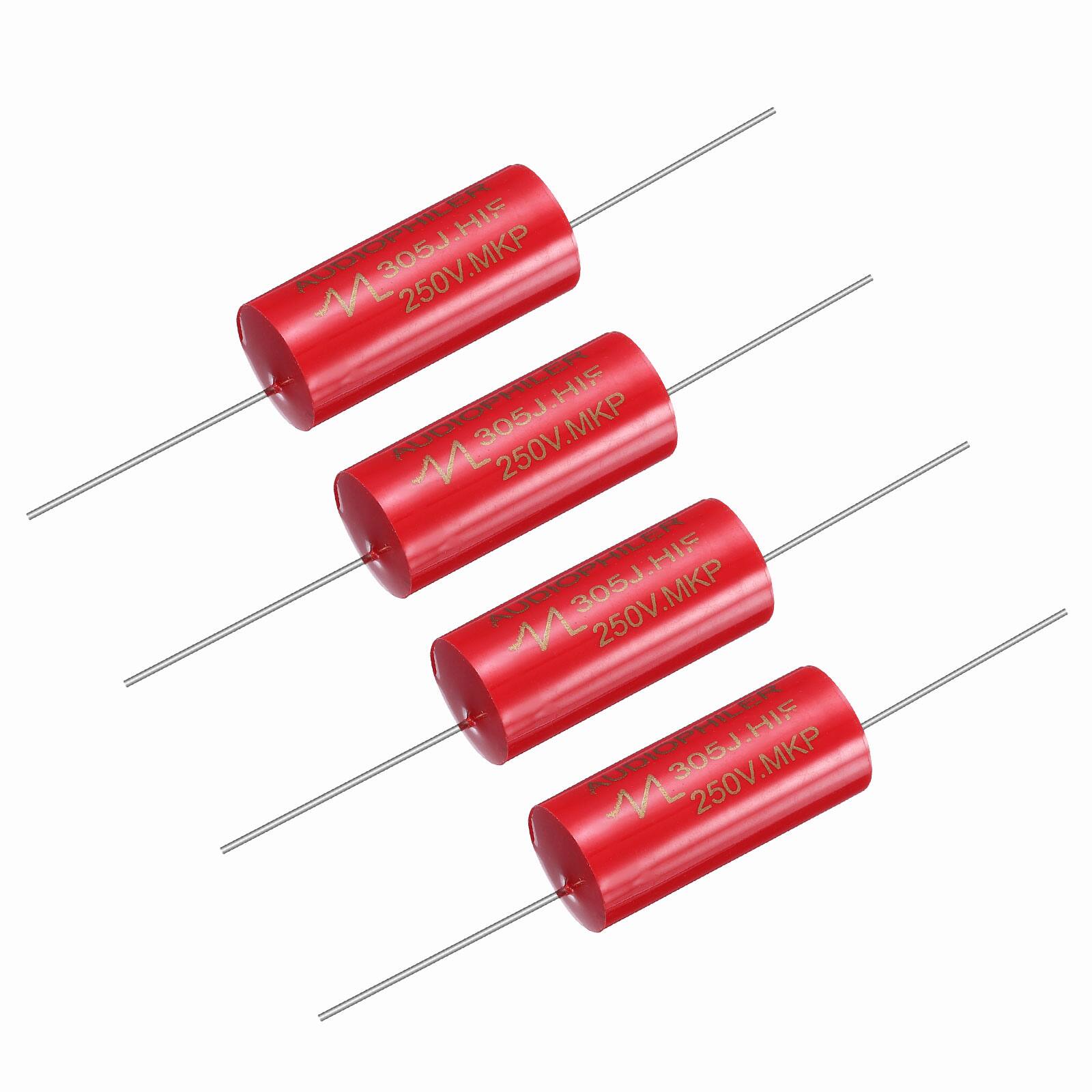Unique Bargains - 4pcs 3uF 250V Axial MKP Film Capacitor for Audio Speaker Crossover Frequency Divider - Red