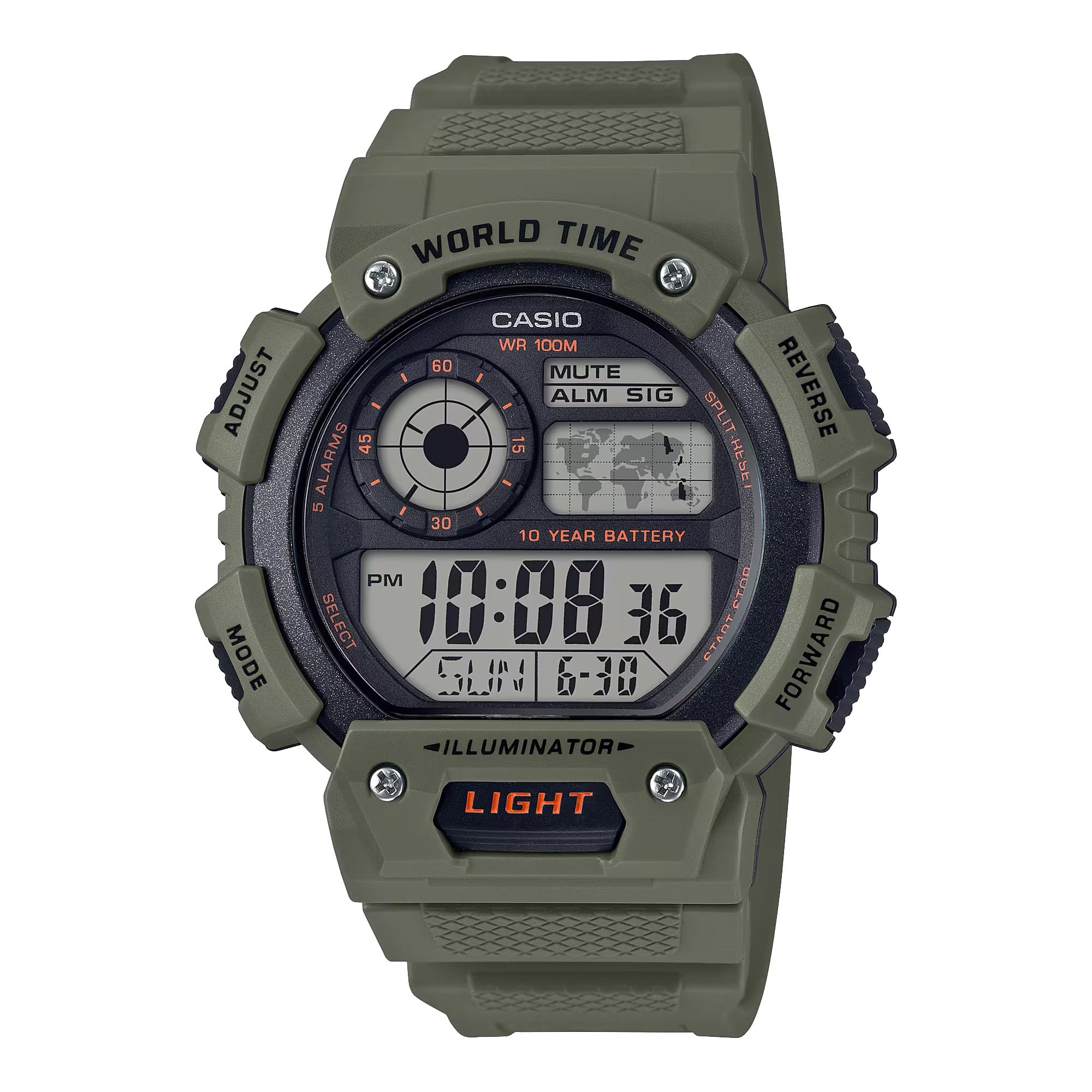 Unisex Olive- Dial Digital World Time Watch - Casio AE‑1400WH‑3A - Green