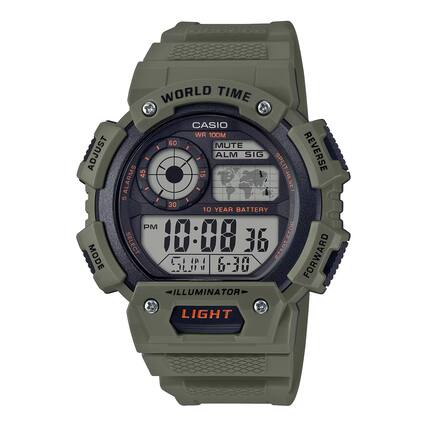 WORLD TIME
CASIO WR 100M
60 MUTE ALM SIG SPLIT REVERSE
45 5 ALARMS
10 YEAR BATTERY
PM
10:08 36
6-30
ILLUMINATOR LIGHT
