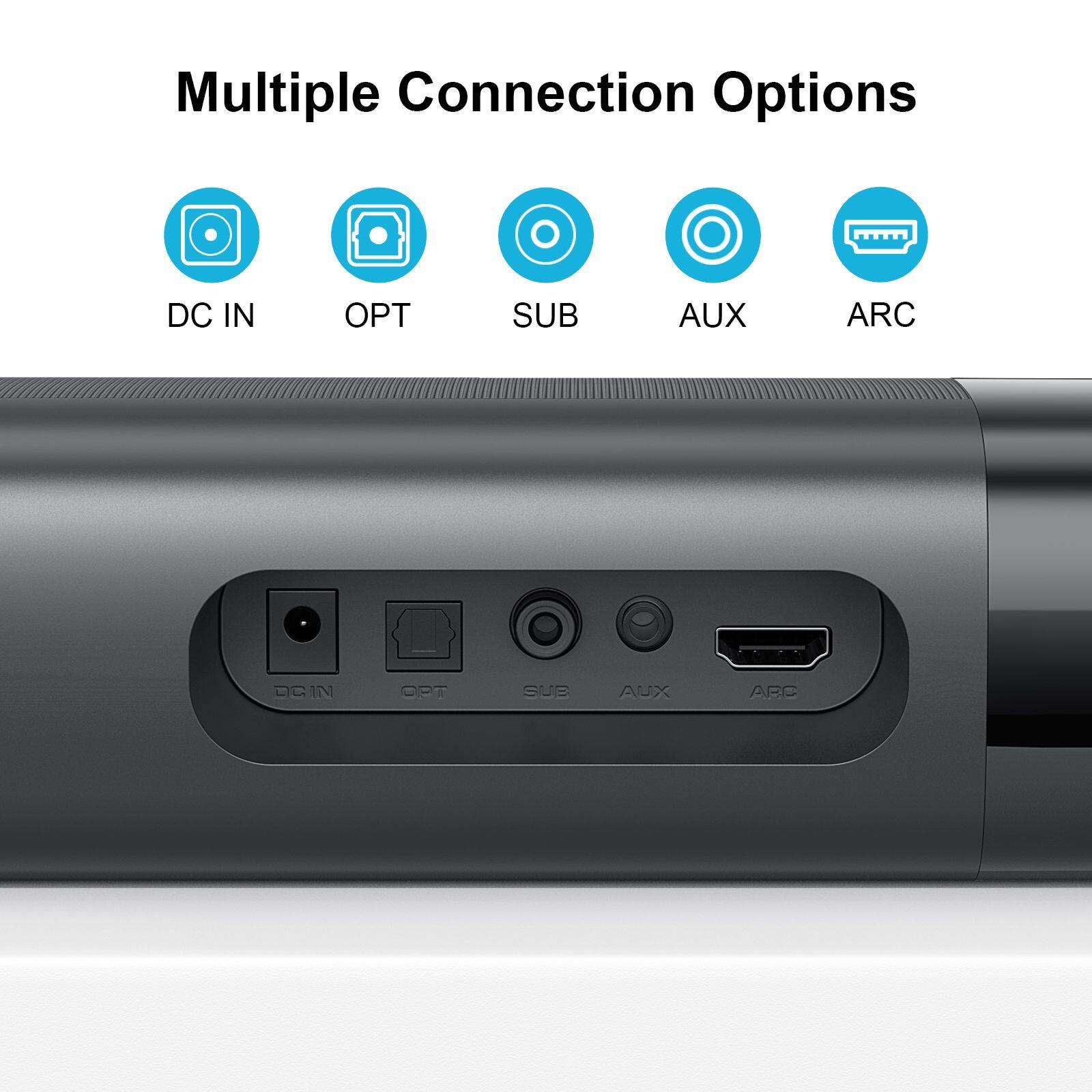 Multiple Connection Options: DC IN, OPT, SUB, AUX, ARC