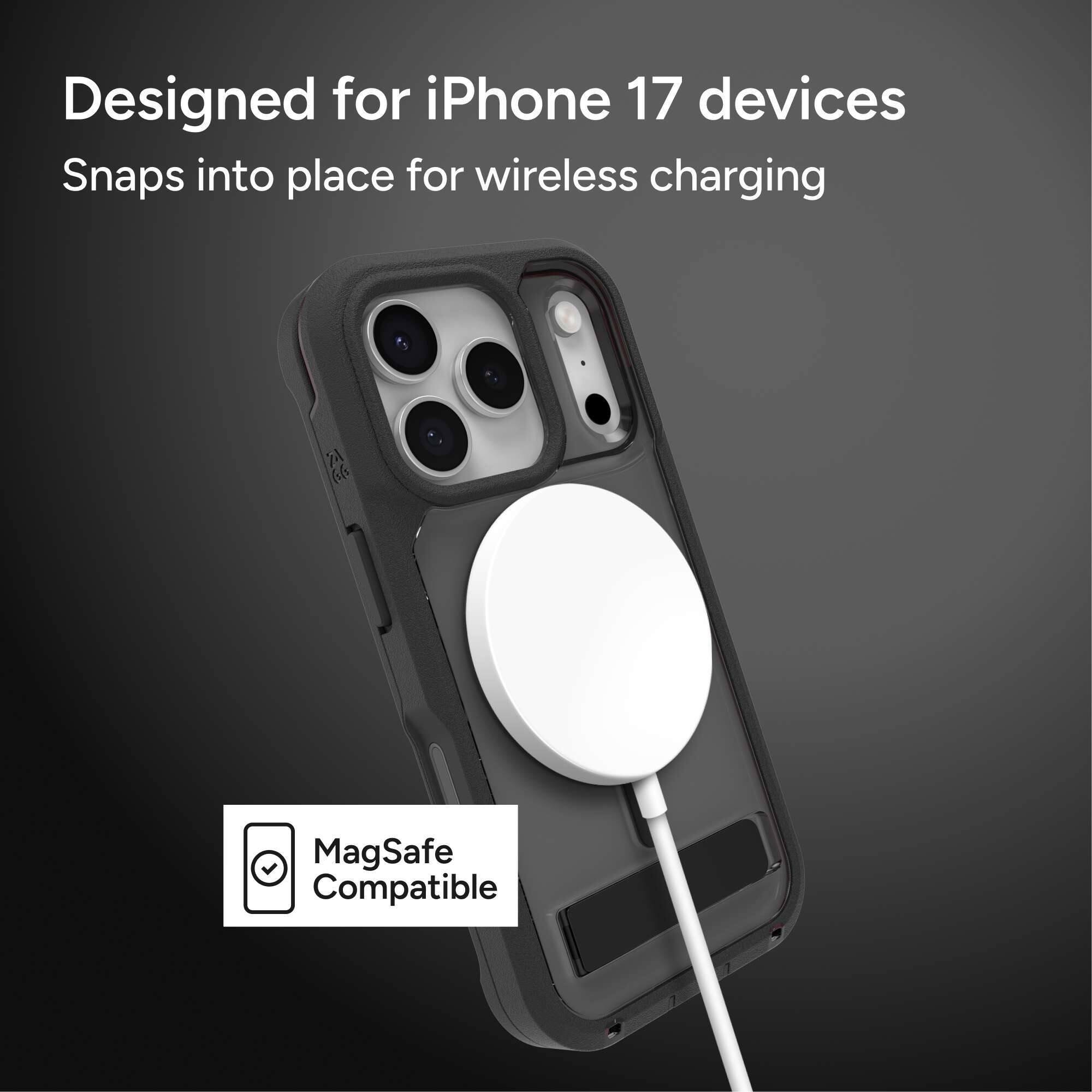 Designed for iPhone 17 devices  
Snaps into place for wireless charging  

MagSafe Compatible