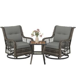Outsunny - 3 Piece Patio Furniture Set, Rattan Wicker Bistro Set with Swivel Glider Chairs, 2-Tier Storage Table and Cushions - Gray