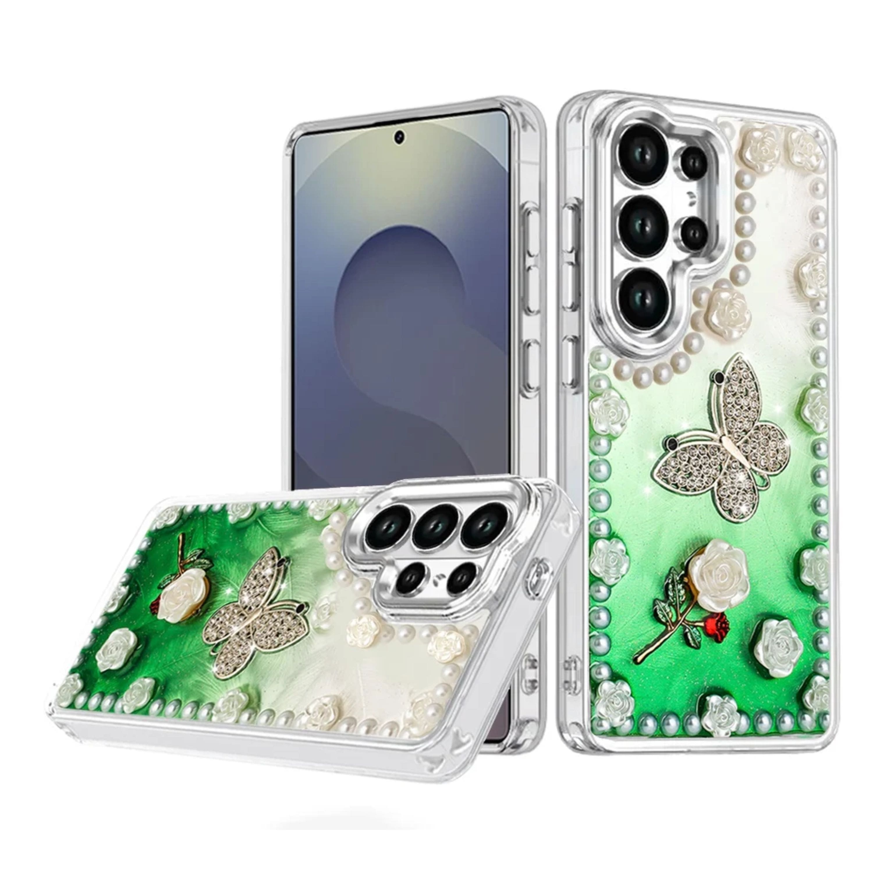 Kitcheniva - Floral Faux Pearl Trim 3D Charms Phone Case With Tempered Glass For Samsung S25 Ultra Green - Multicolor price history on PriceWatchPro
