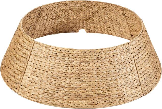 Front. Sweet - 42in Christmas Tree Collar for 9-12ft Trees, Woven Hyacinth Holiday Rattan Tree Skirt Accessory w/Cord Access Hole - Natural.