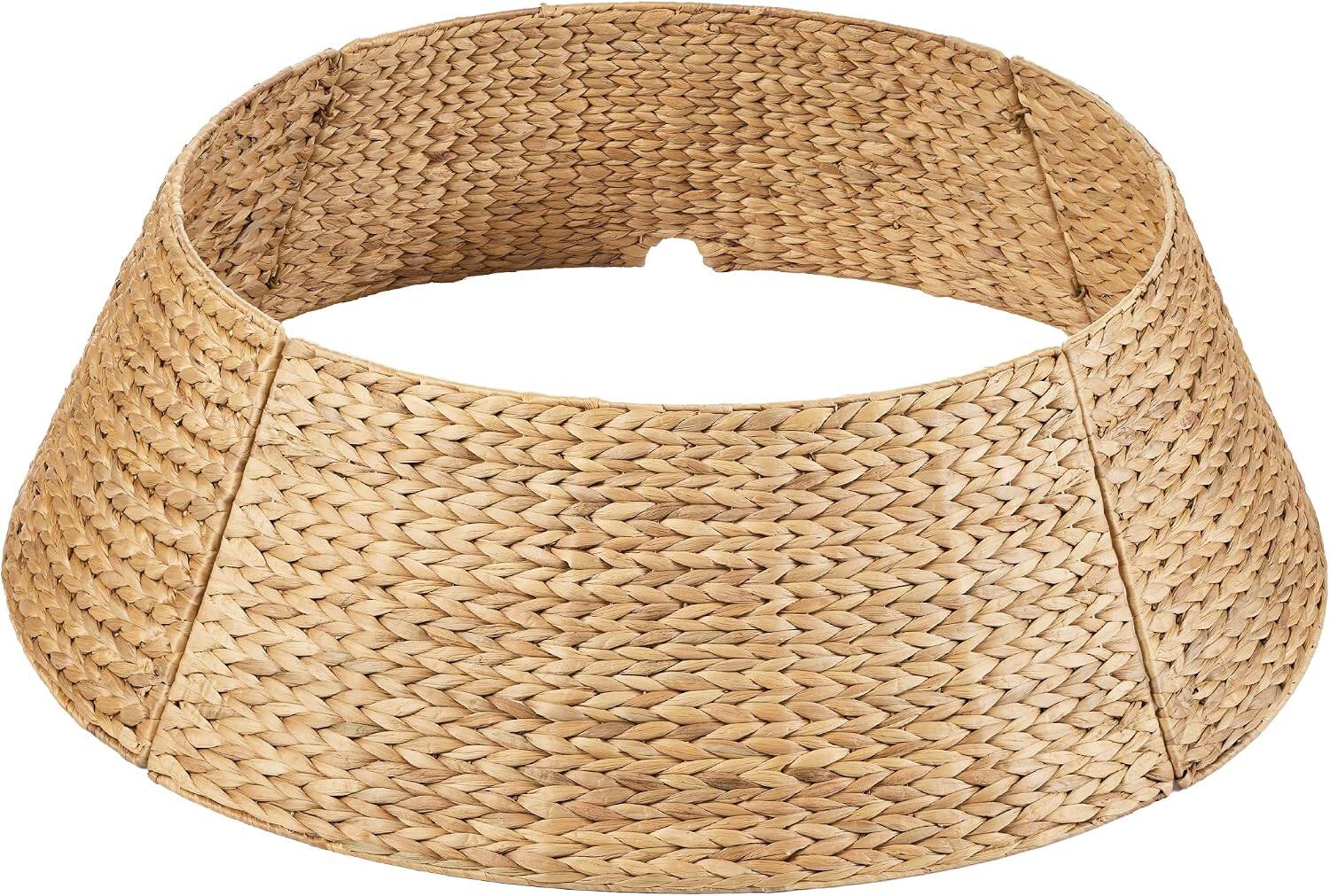 Front. Sweet - 42in Christmas Tree Collar for 9-12ft Trees, Woven Hyacinth Holiday Rattan Tree Skirt Accessory w/Cord Access Hole - Natural.