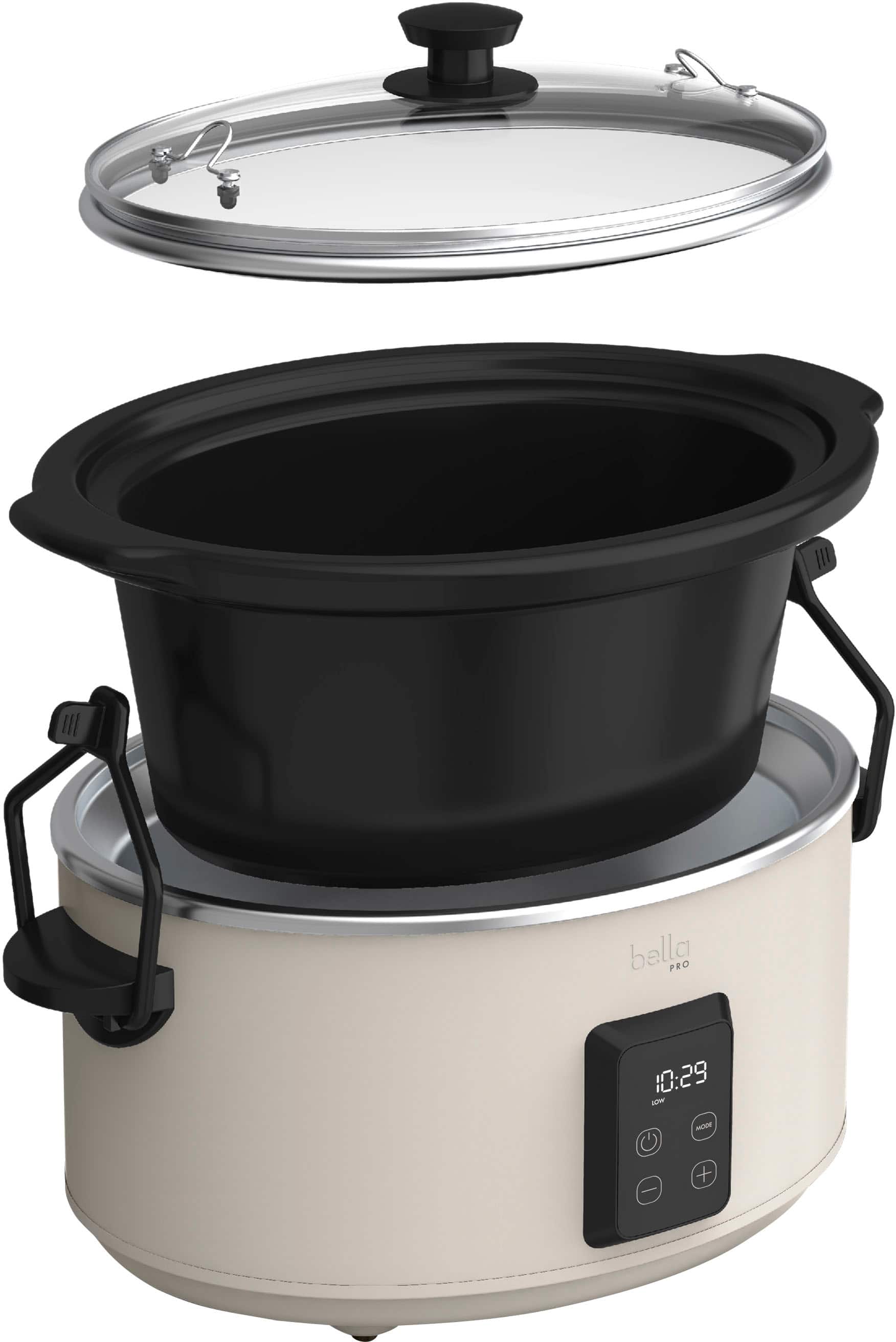 The text on the image reads "bella PRO 10:29 LOW HOU +". This suggests that the image is promoting a bella PRO product, which is a multi-purpose cooking appliance. The product is designed to cook food at low temperatures, making it suitable for slow cooking, simmering, and other low-heat cooking tasks.