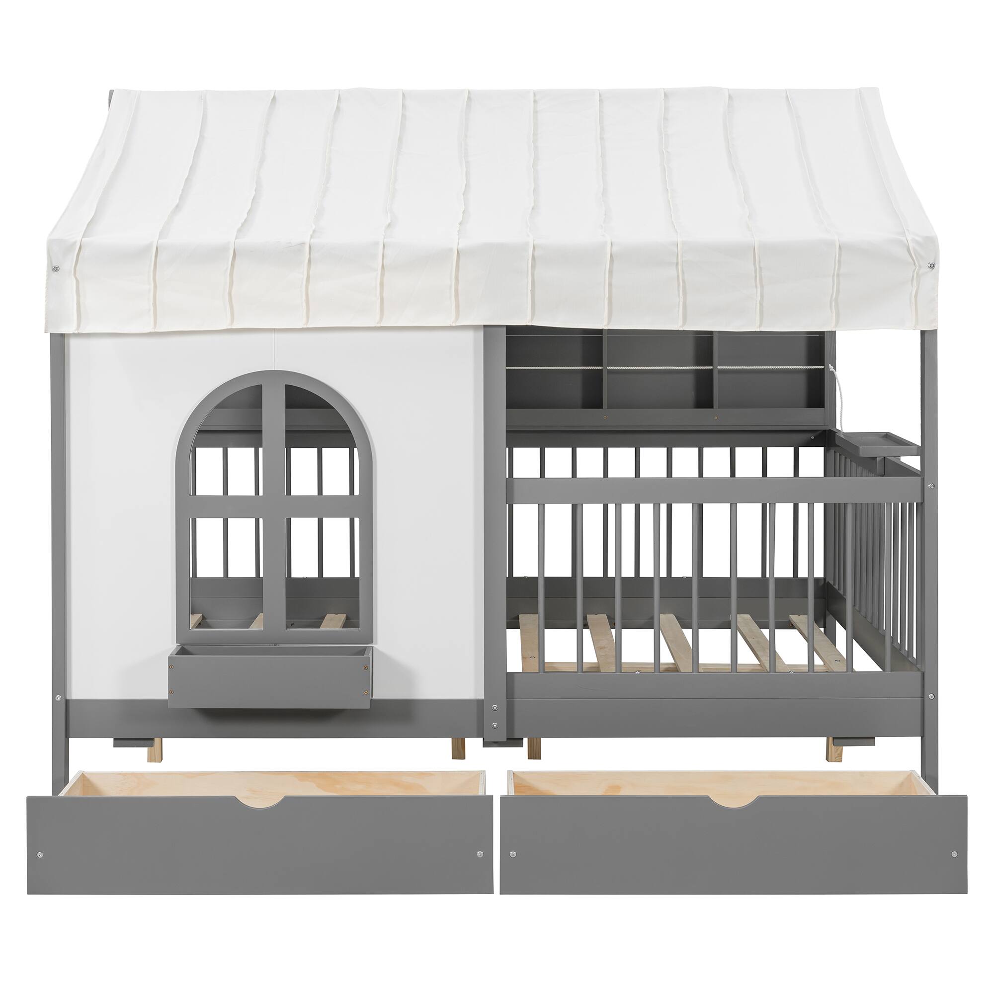 Alt View 1. Anysun - Full Size House Bed with 2 Large Drawers, Side Bookshelf with LED Strip - Gray.