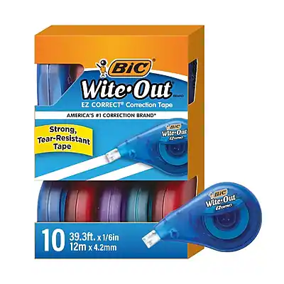 BIC Wite-Out EZ Correct Correction Tape
AMERICA'S #1 CORRECTION BRAND*
Strong, Tear-Resistant Tape
BIC Wite-Out
10
39.3ft. x 1/6in
12m x 4.2mm