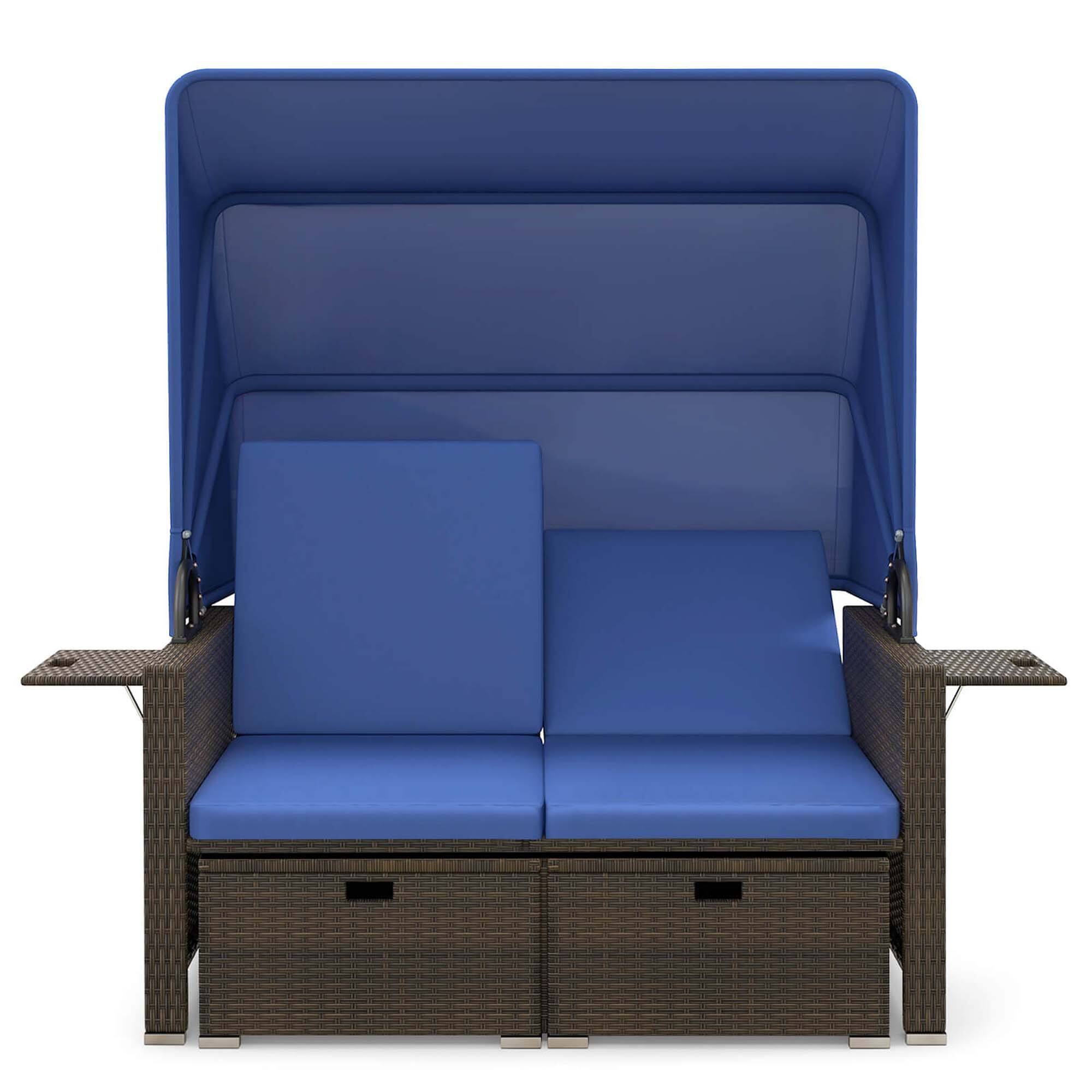 Alt View 4. Gymax - Gymax Rattan Daybed w/ Adjustable Backrests & Retractable Canopy for Patio Navy - Navy.