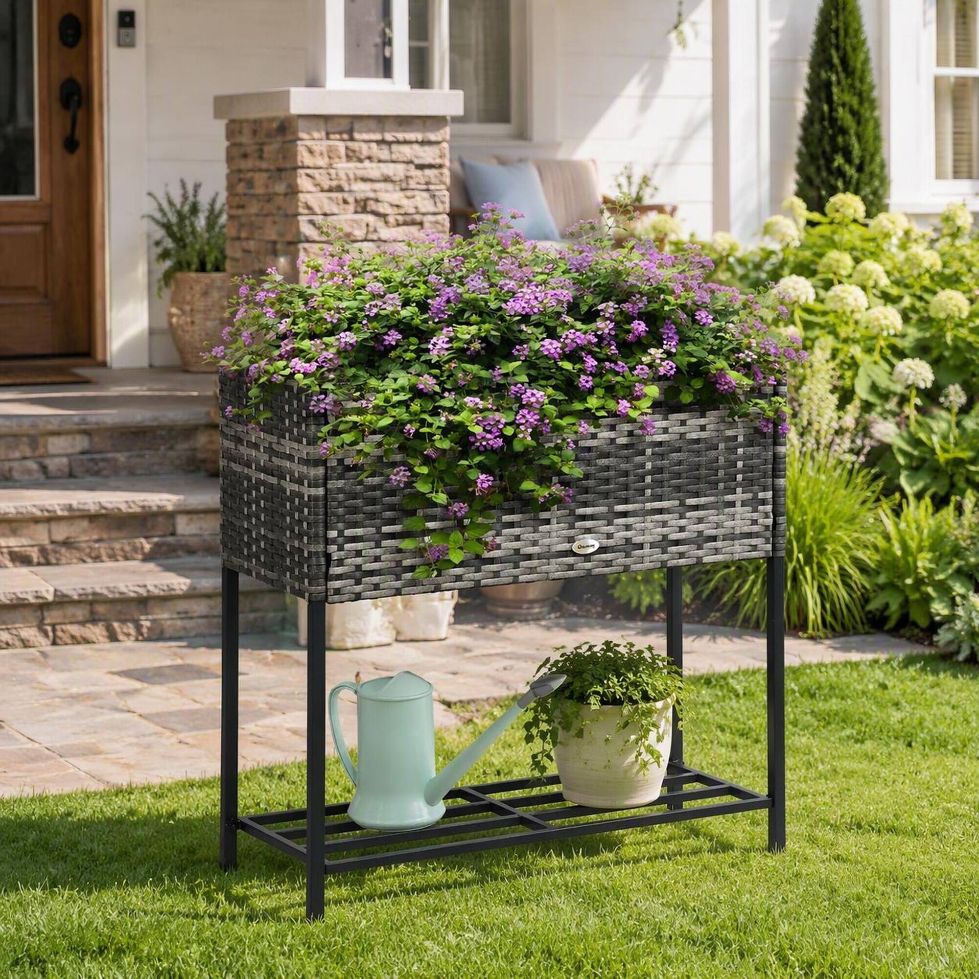 Alt View 1. RYHNUYNE - Outsunny Raised Garden Bed with Rattan Look, 27.5" Elevated Planter Box with Tool Shelf, Gray - Grey.