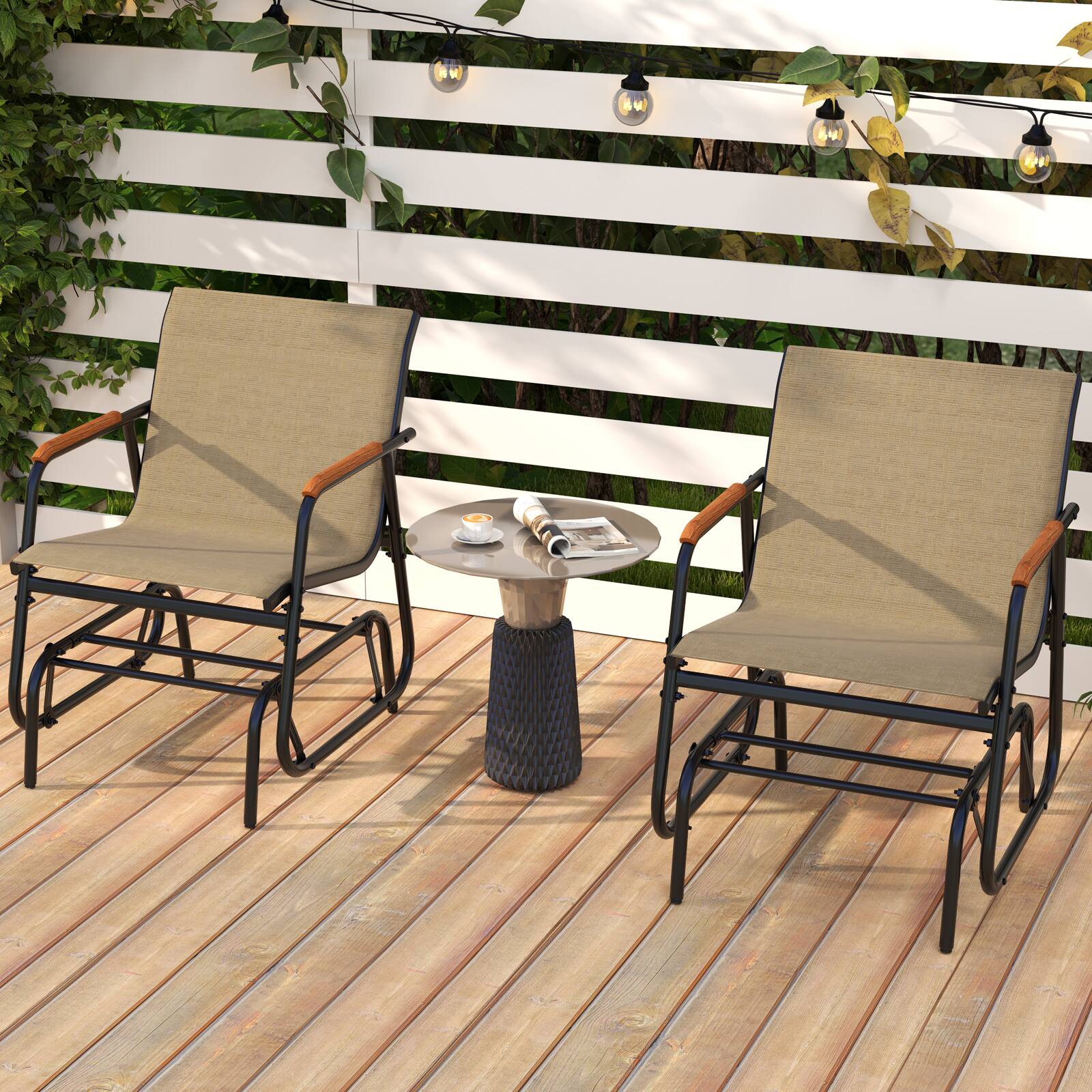 Alt View 8. Gymax - Gymax Patio Glider Chair w/ Curved Teak Armrests & Breathable Fabric Seat Outdoor - Black, Brown.
