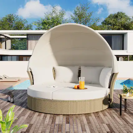 Front. Anysun - Outdoor Wicker Rattan Round Daybed with Retractable Canopy - Double Sofa Set, Includes 4 Pillows for Patio or Pool - White.