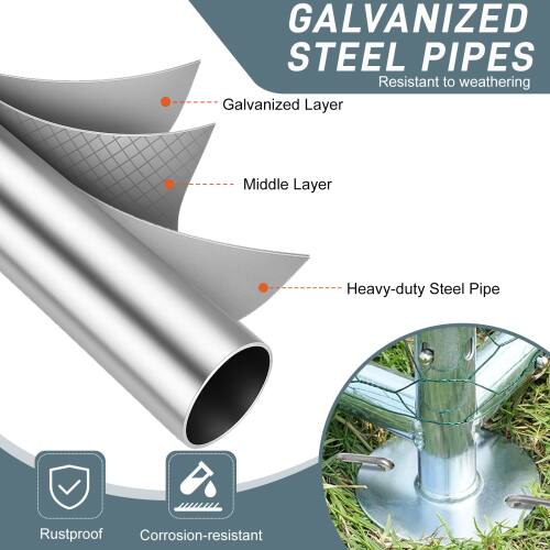 GALVANIZED STEEL PIPES  
Resistant to weathering  

- Galvanized Layer  
- Middle Layer  
- Heavy-duty Steel Pipe  

Rustproof  
Corrosion-resistant