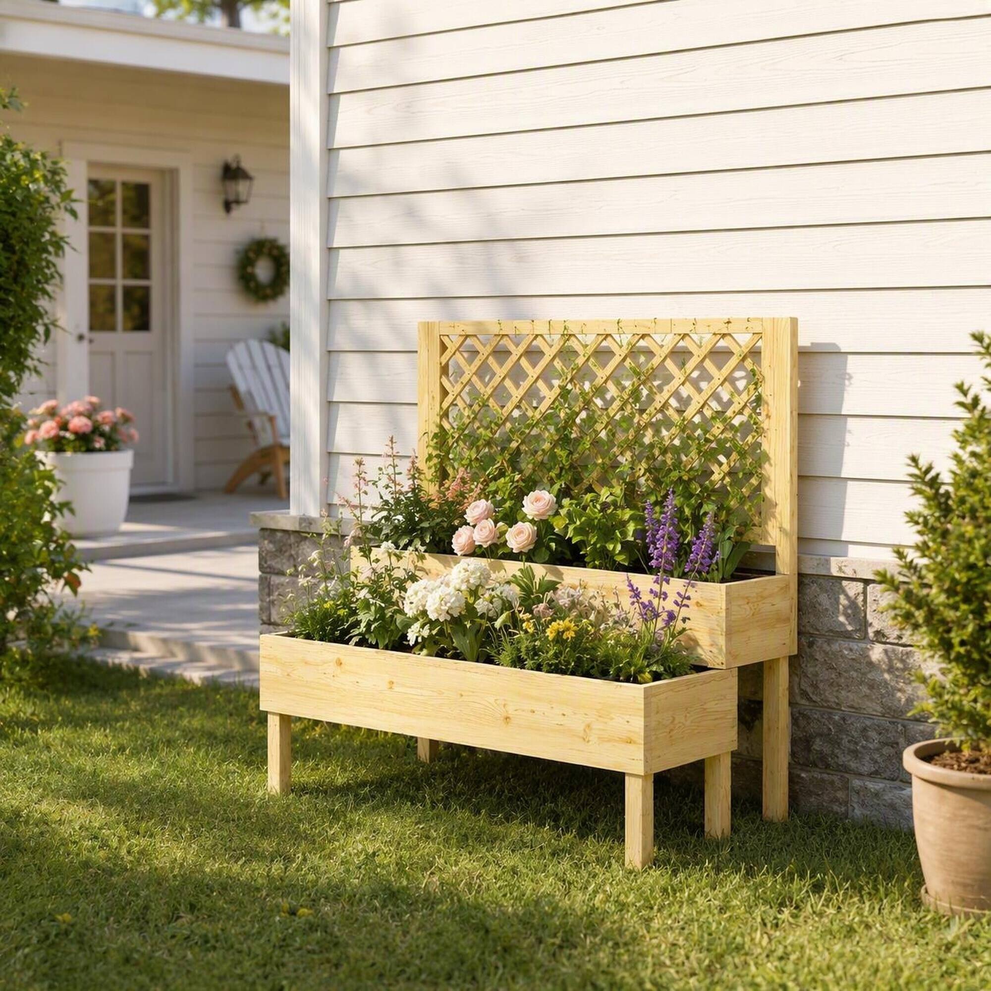 Angle. RYHNUYNE - Fir Wood Elevated Planter Box with Trellis for Patio, 42.5x24.4x47.2 Inch Outdoor Raised Garden Bed for Climbing - Natural Wood.