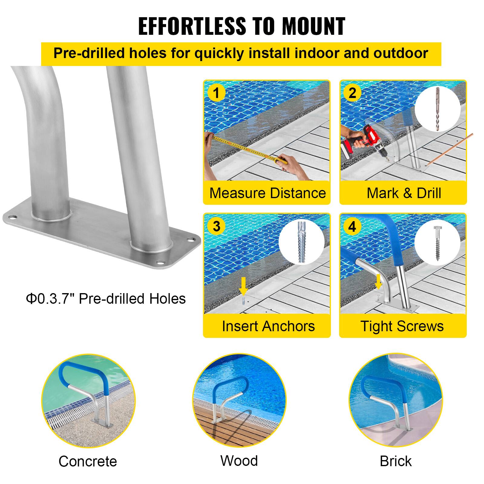 **EFFORTLESS TO MOUNT**

Pre-drilled holes for quickly install indoor and outdoor

1. Measure Distance
2. Mark & Drill
3. Insert Anchors
4. Tight Screws

Φ0.3.7" Pre-drilled Holes

Concrete  
Wood  
Brick