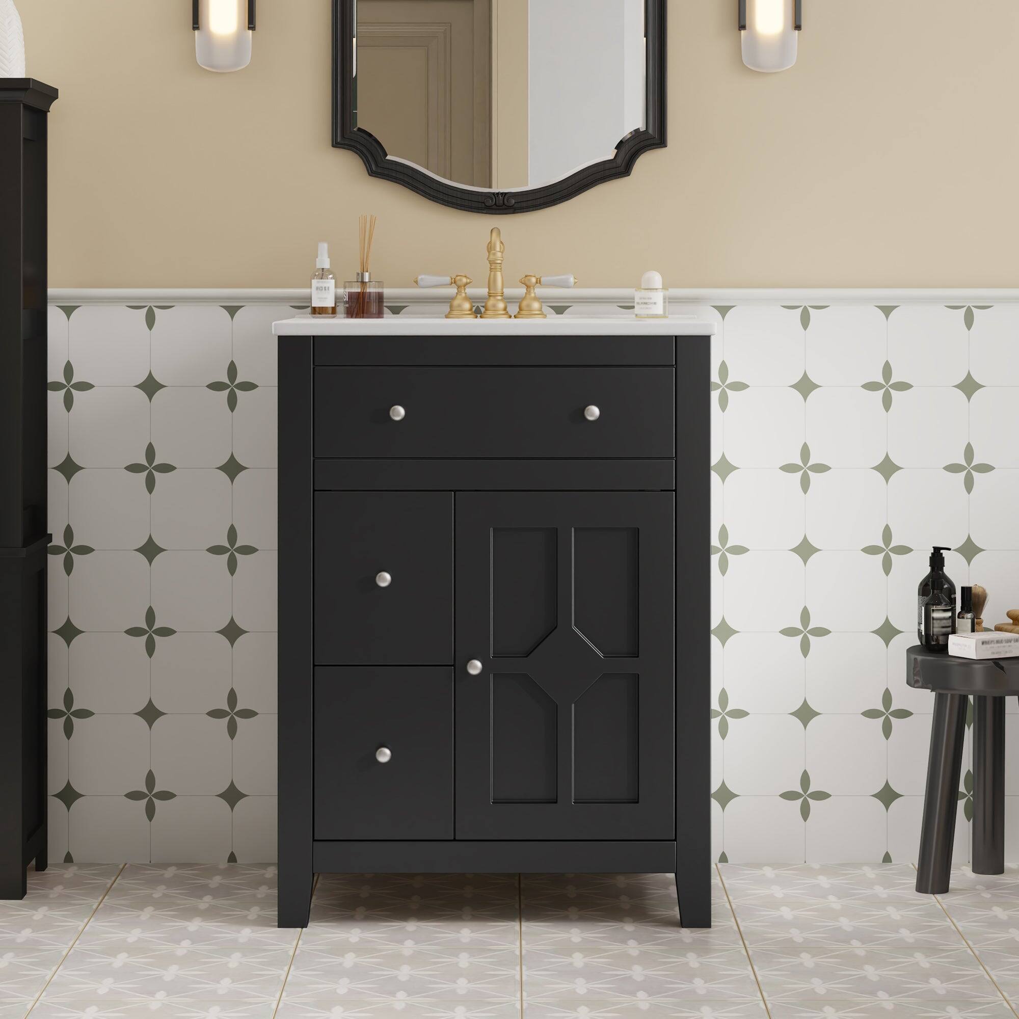 Alt View 4. Boyel Living - 24 Inch Modern Bathroom Vanity with Ceramic Basin and Drawers Black - Black.