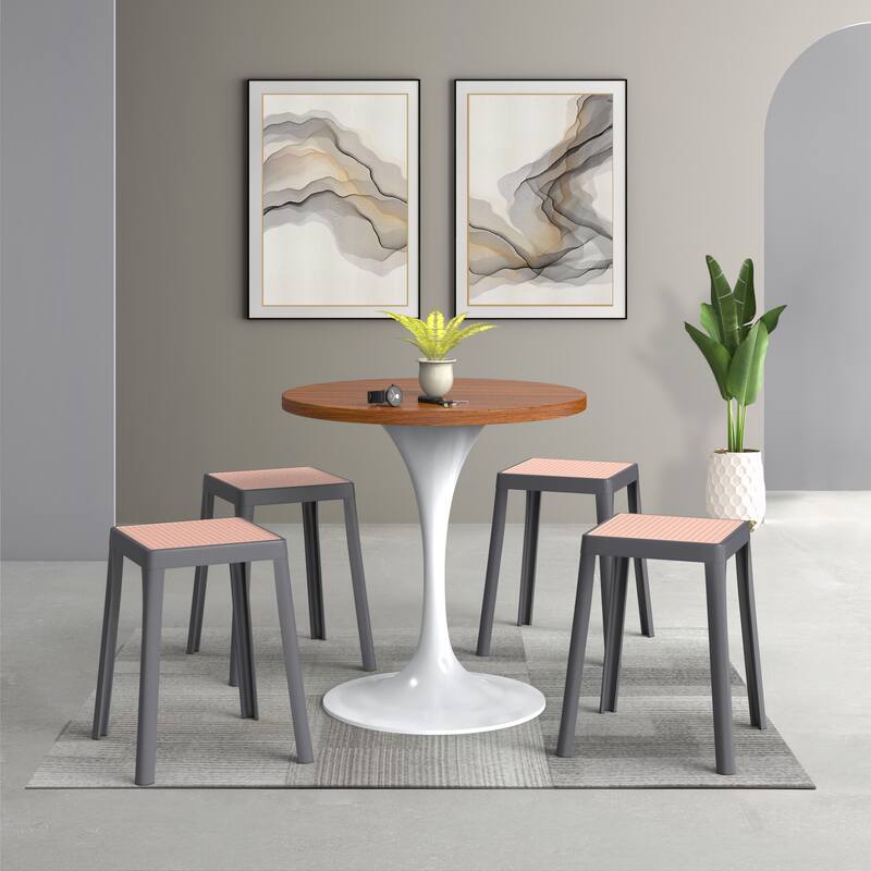 Back. LeisureMod - Tresse Stackable Poly Stool with Wicker Top, Modern Outdoor Counter Height Patio Barstool - Grey.