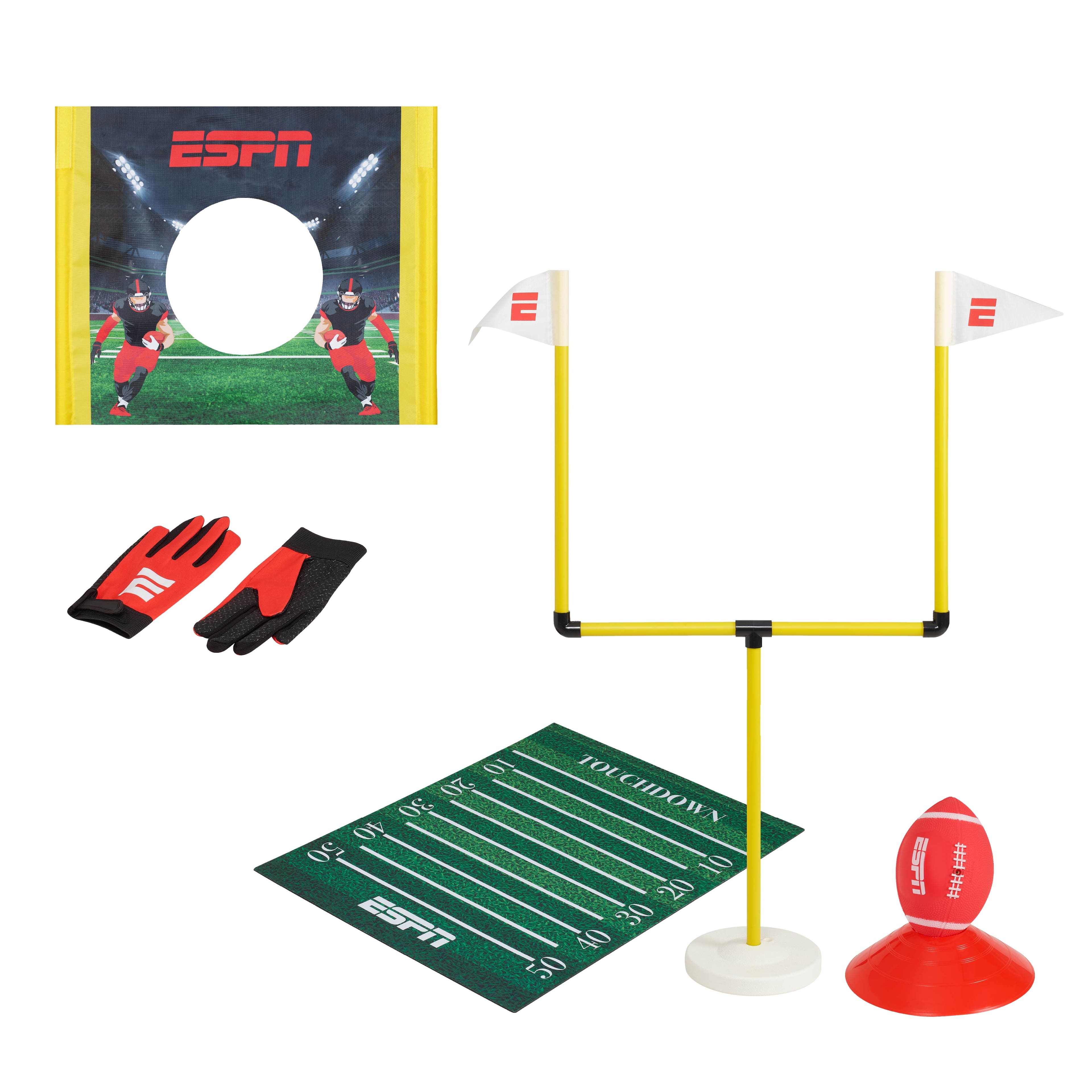 ESPN - Kids Football Game Includes Field Goal Post, Passing Target, and Receiver Gloves - Red