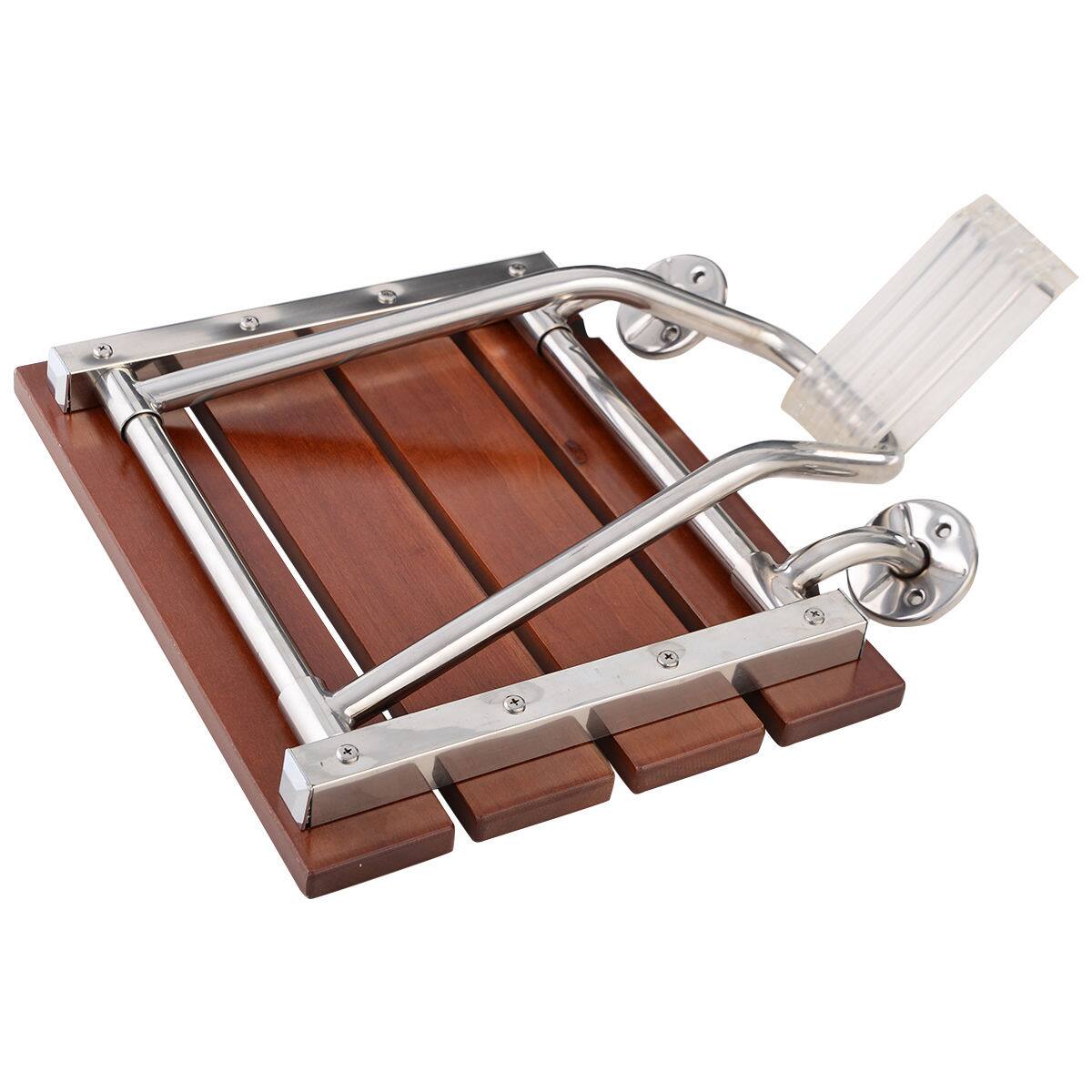 Alt View 4. Costway - Costway Folding Bath Seat Bench Shower Chair Wall Mount Solid Wood Construction - Brown,Sliver.