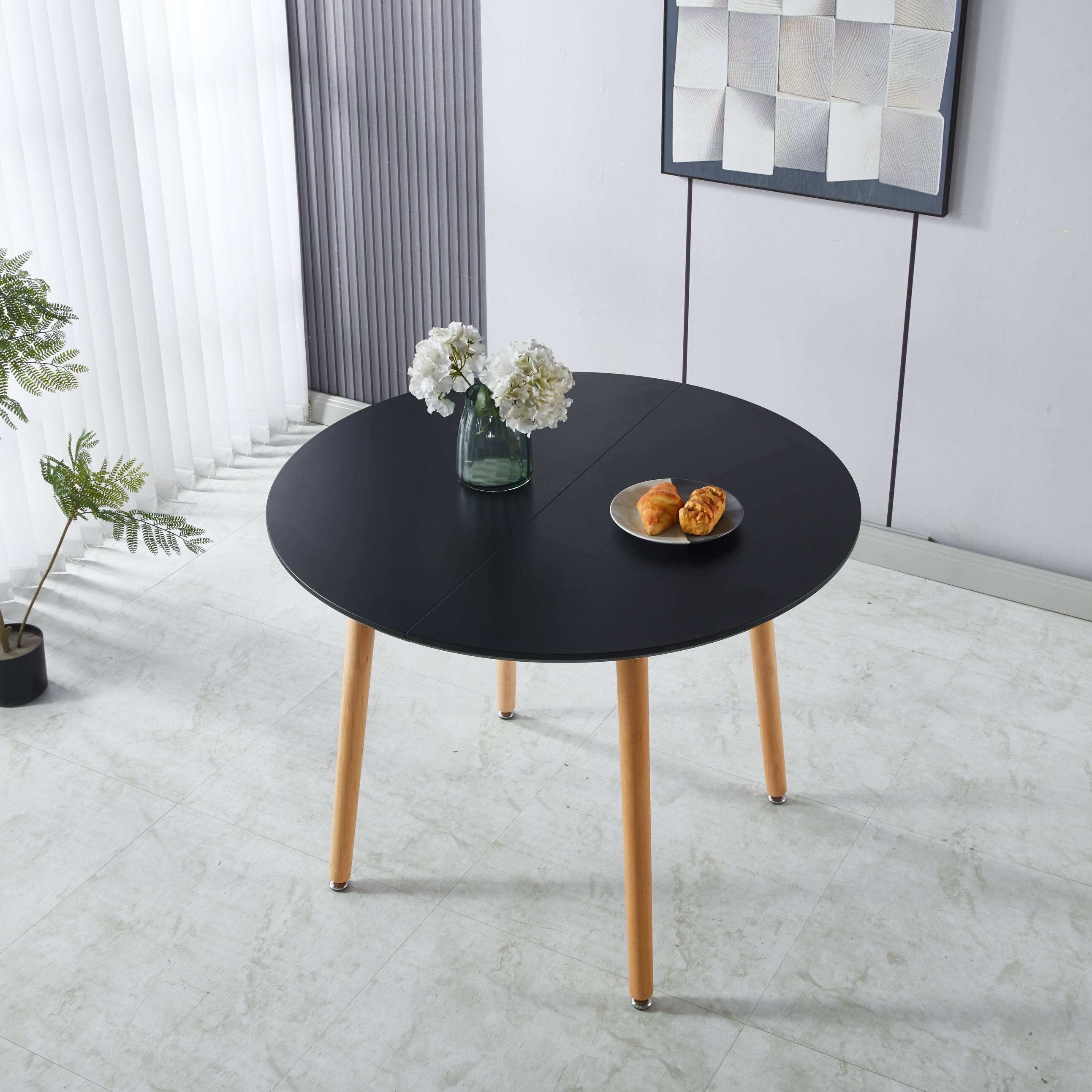 Back. TinyHomie - Extensible Table Wood Leg Mdf Top 100140180X100X75Cm Black For Dining Office - Black.
