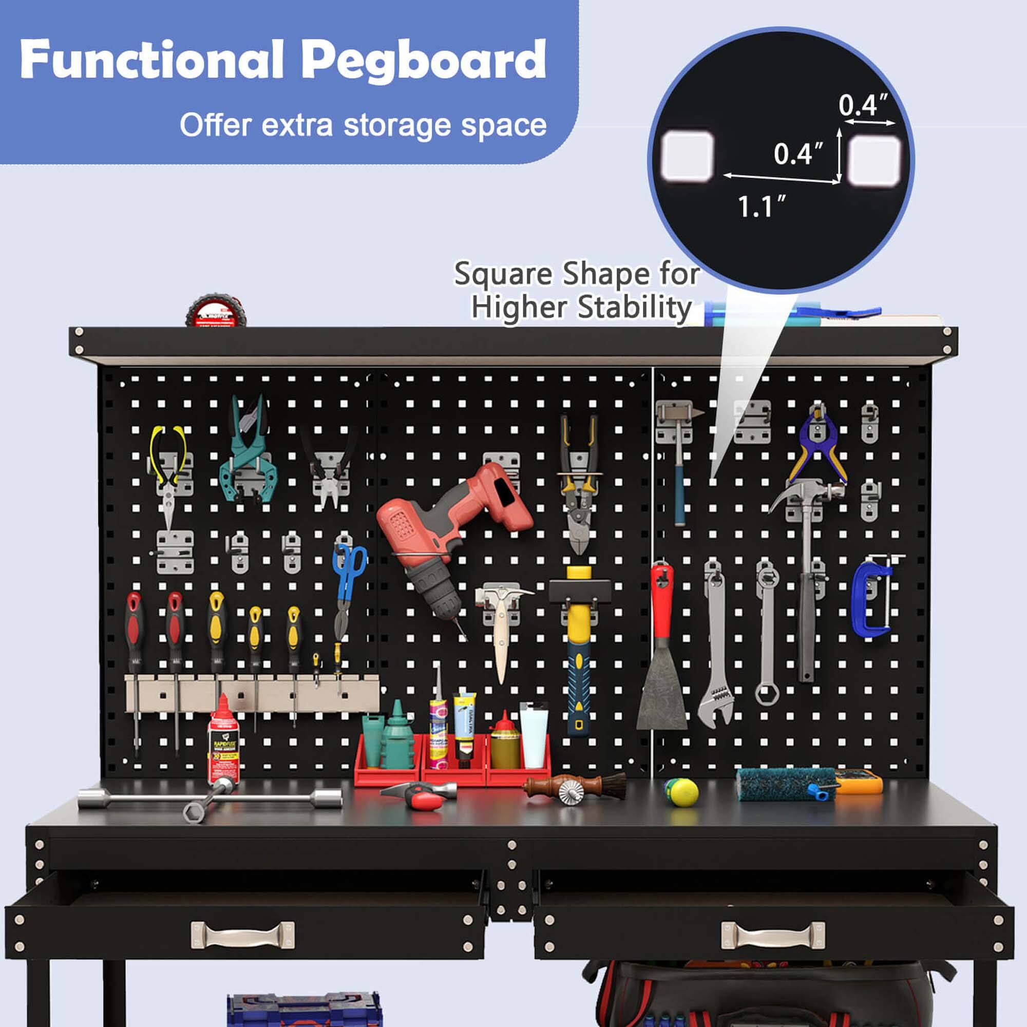 Functional Pegboard  
Offer extra storage space  

Square Shape for Higher Stability  

0.4"  
0.4"  
1.1"