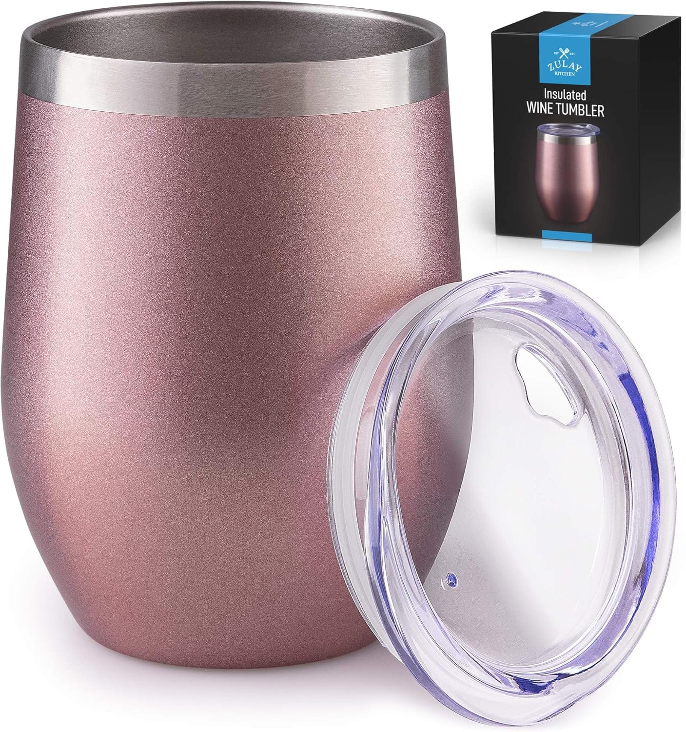 Zulay Kitchen - 12oz Stemless Stainless Steel Tumbler - Double Wall Vacuum Insulated Cups With Lids - Rose Gold