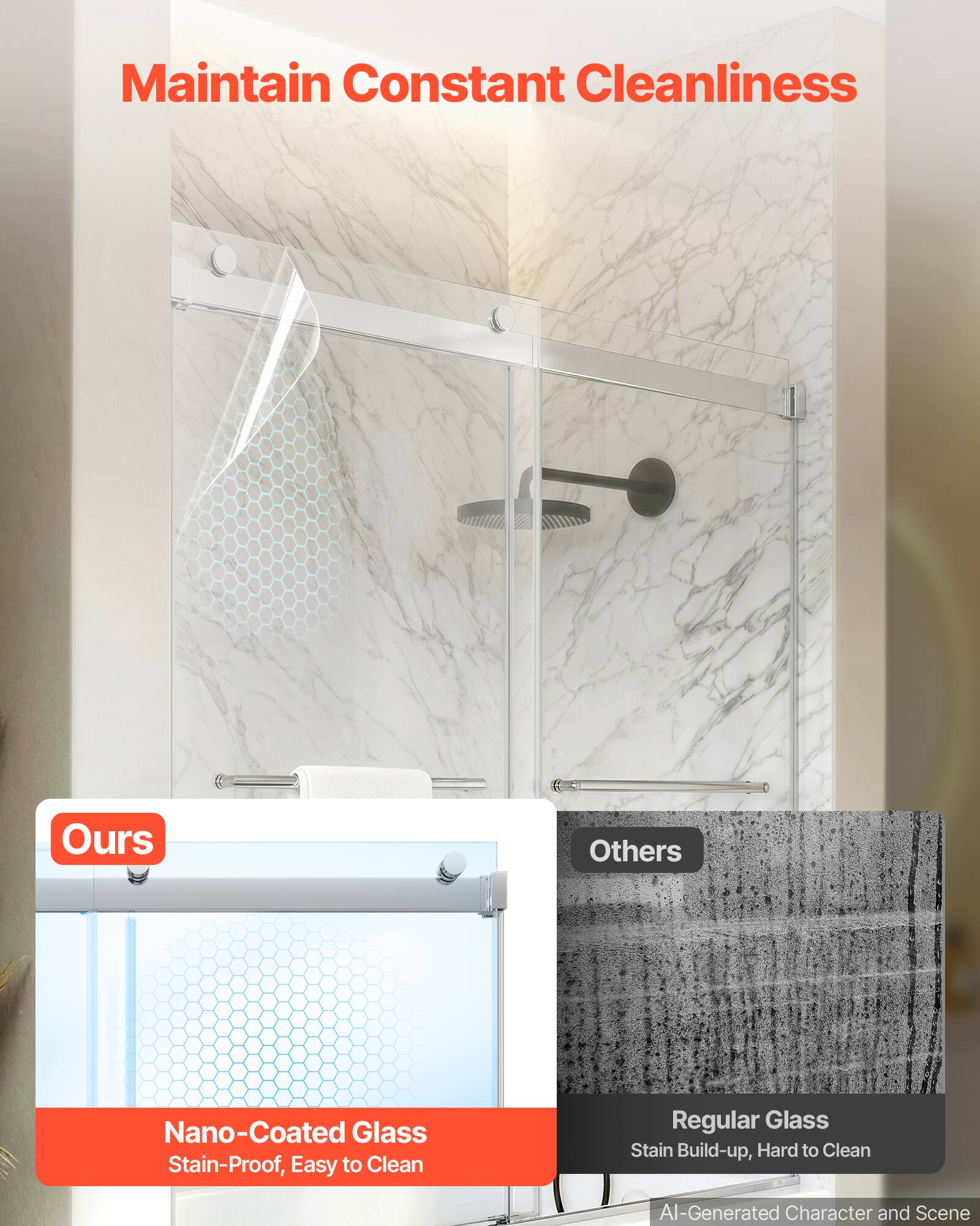 Maintain Constant Cleanliness

Ours
Nano-Coated Glass
Stain-Proof, Easy to Clean

Others
Regular Glass
Stain Build-up, Hard to Clean

AI-Generated Character and Scene
