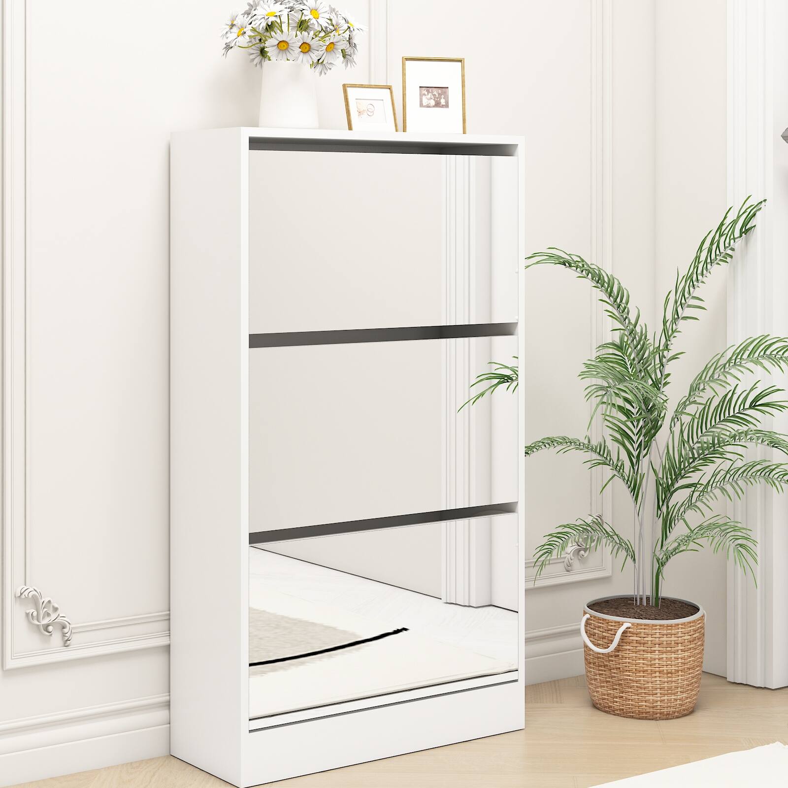 Front. Dexmalle - Dexmalle-3 Tier Narrow Shoe Storage Cabinet with Mirror-White - Matte White.