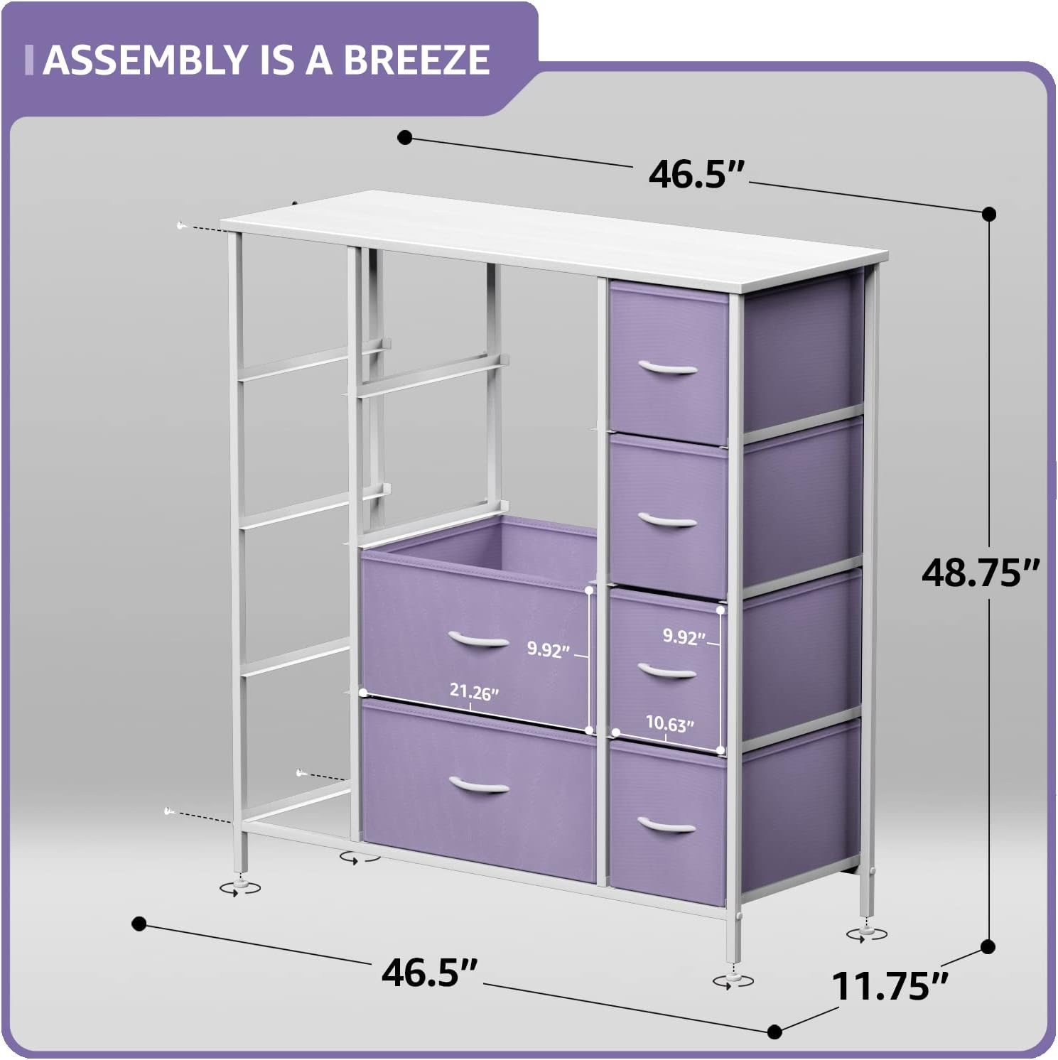 ASSEMBLY IS A BREEZE

46.5"  
48.75"  
9.92"  
21.26"  
9.92"  
10.63"  
46.5"  
11.75"