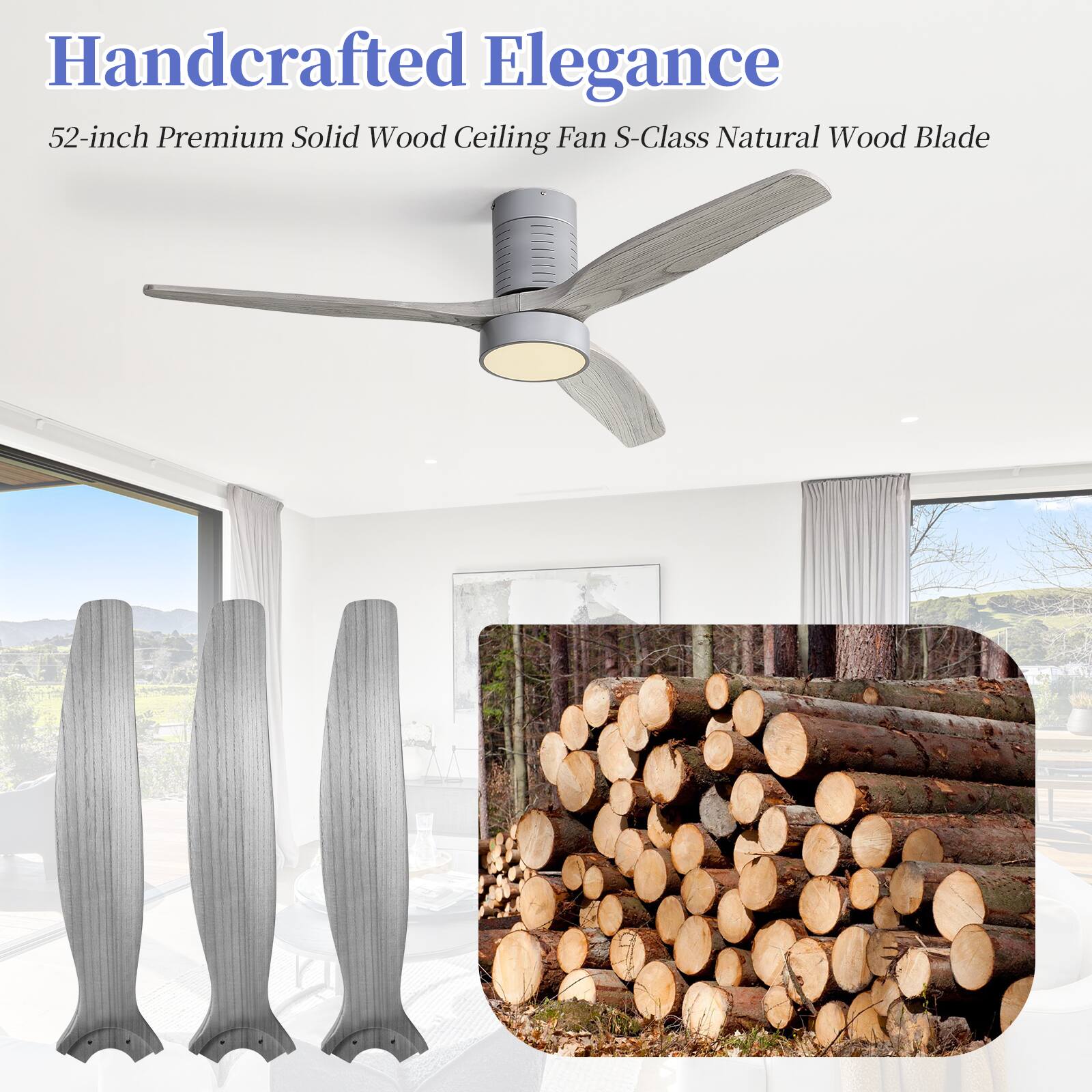 Handcrafted Elegance  
52-inch Premium Solid Wood Ceiling Fan S-Class Natural Wood Blade