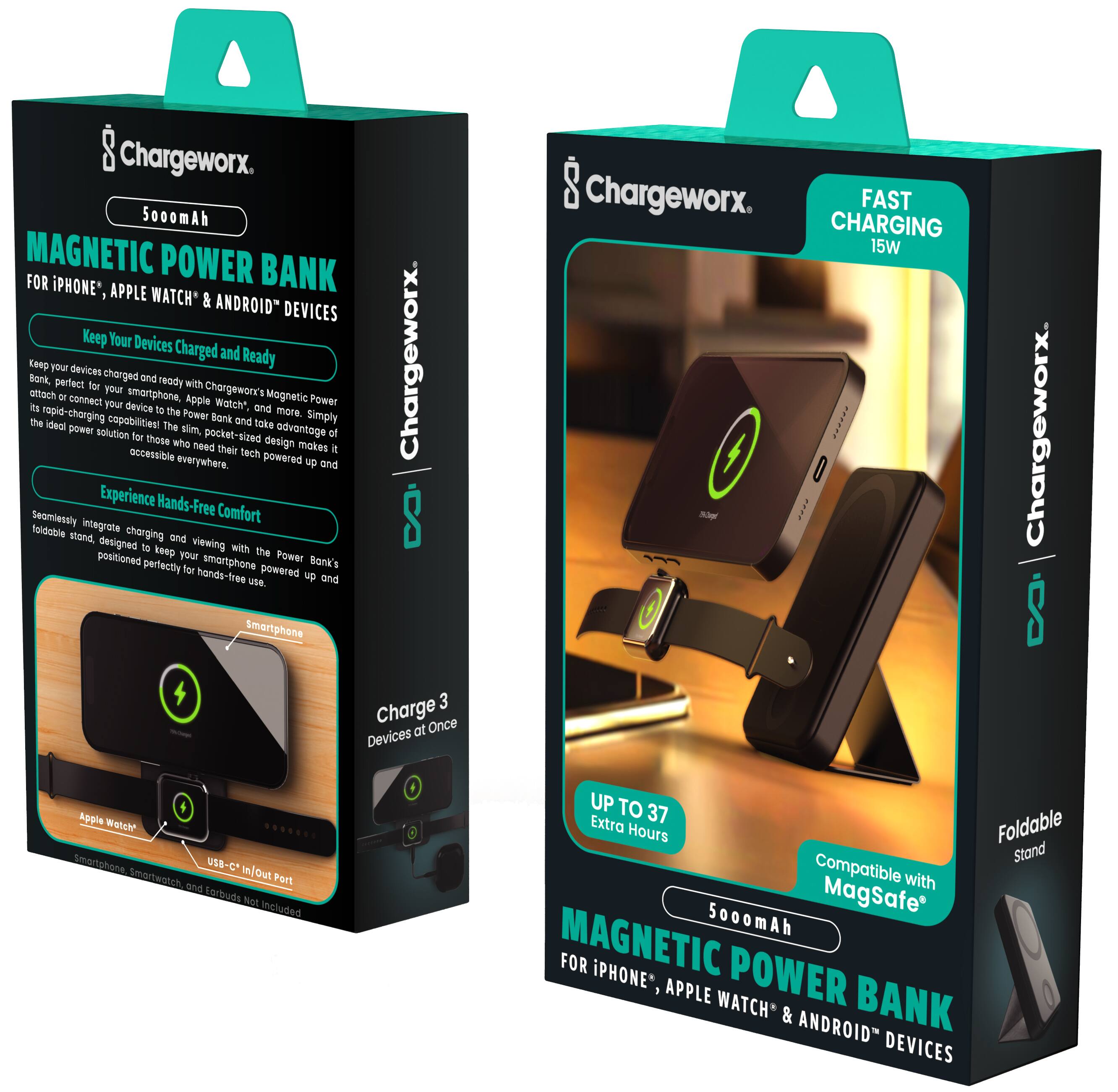 Chargeworx. 5000mAh MAGNETIC POWER BANK FOR PHONE', APPLE WATCH' & ANDROID DEVICES Keep Your Devices Charged and Ready Chargeworx. Esep your devices Bark, perfect begnorto and ready with for your Chargewor's oftsch oI smortphone, Mognetic Power i connect your device Apple Wotch*, and ropid-charging to the Power more. te ideal cspablities! Bank and take Simply power The slim advontage solution for pocket-sized of these who need design makes their tech it accessible powered everywhere. up and Experience Hands-Free Seamiessly Comfort Toldable integrate charging stand. designed and viewing to kesp with the positioned your smartphone Power Bonk's perfectly for hands-free powered ue up and Smartphone 3 Charge Once Devices at Chargeworx. FAST CHARGING 15W JoJsgg I -p Chargeworx 8 Apple Wech Smartabrns Smorts 8~C I Out atch Port 900 Sarbuds Met insbuted UP TO Extra 37 Hours Foldable Stand Compatible with 5000mAh Magsafe MAGNETIC FOR PHONE', POWER APPL
