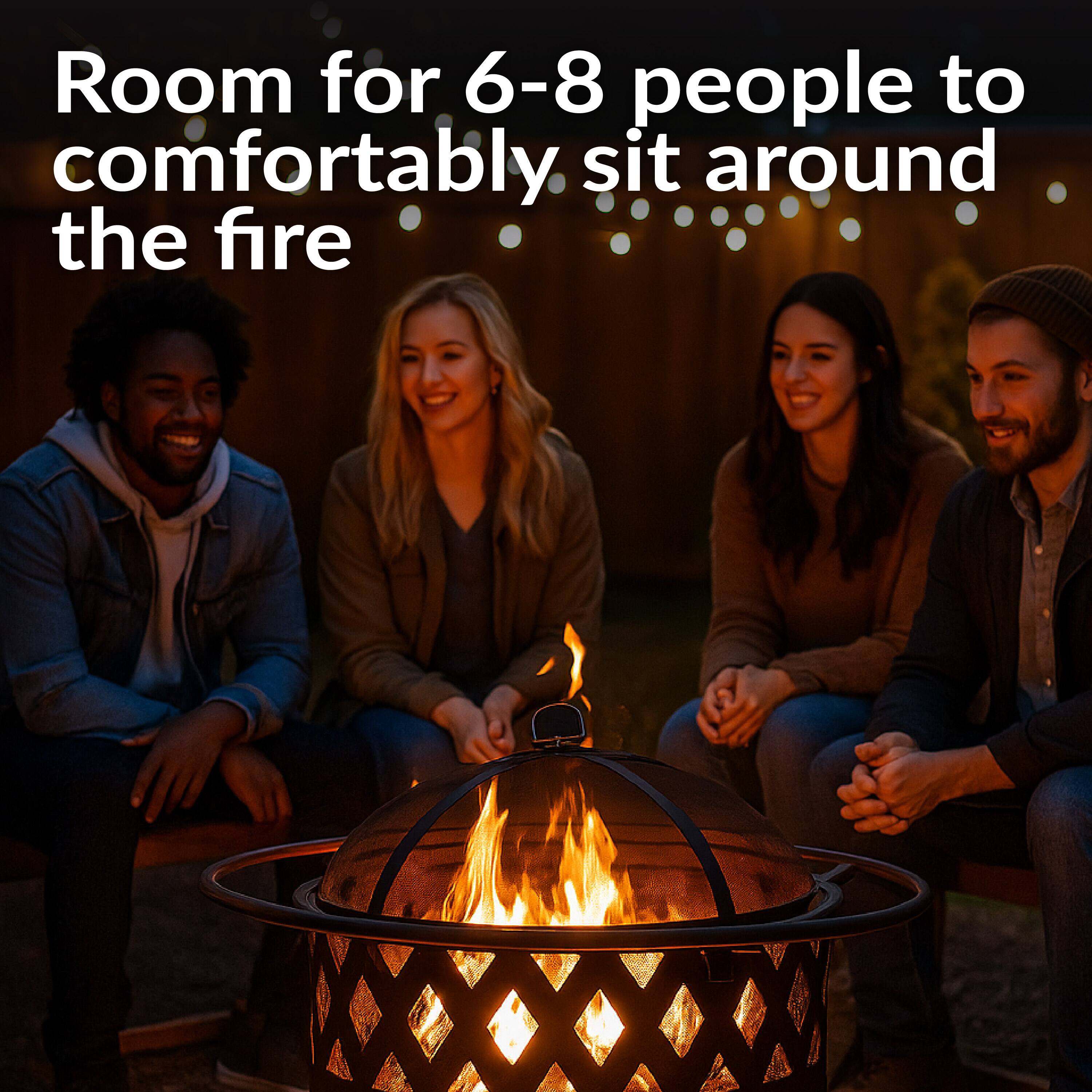 Room for 6-8 people to comfortably sit around the fire